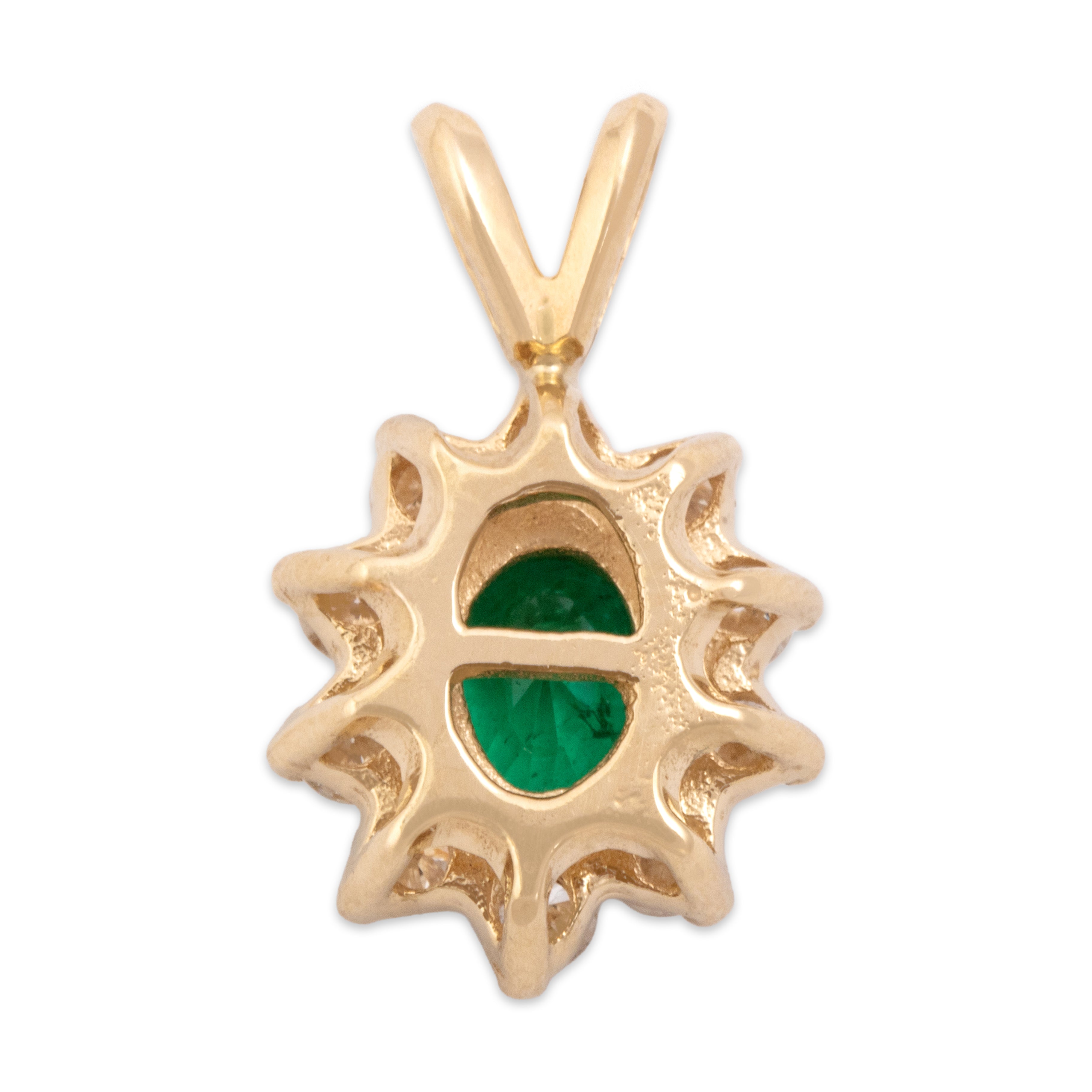 Vintage 14k Yellow Gold .76ct Emerald Diamond Stellar Mesmerizing Halo Pendant - Back view