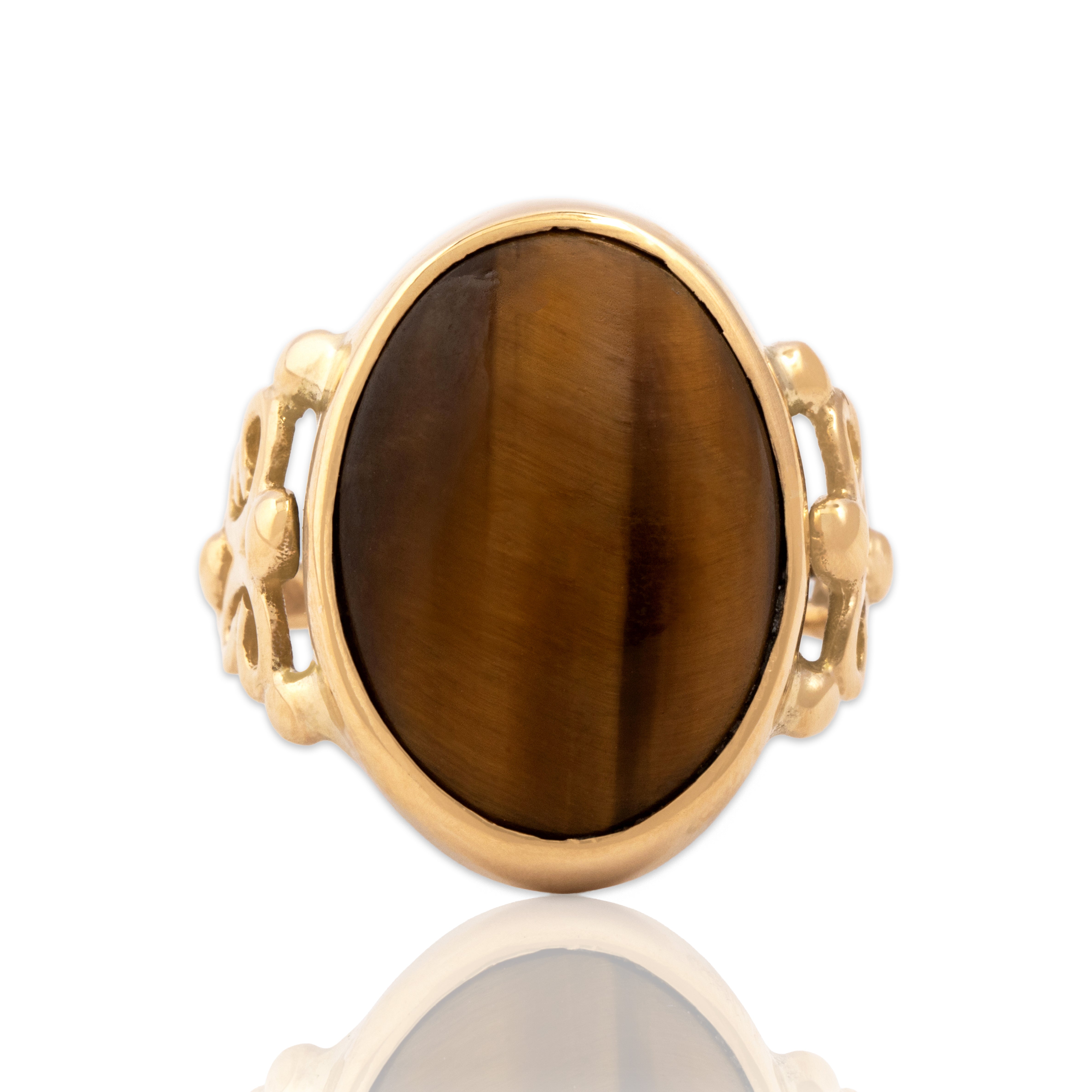 Vintage 14k Yellow Gold 9.29ct Tiger's Eye Gleaming Adorned Cabochon Ring - Close-up view