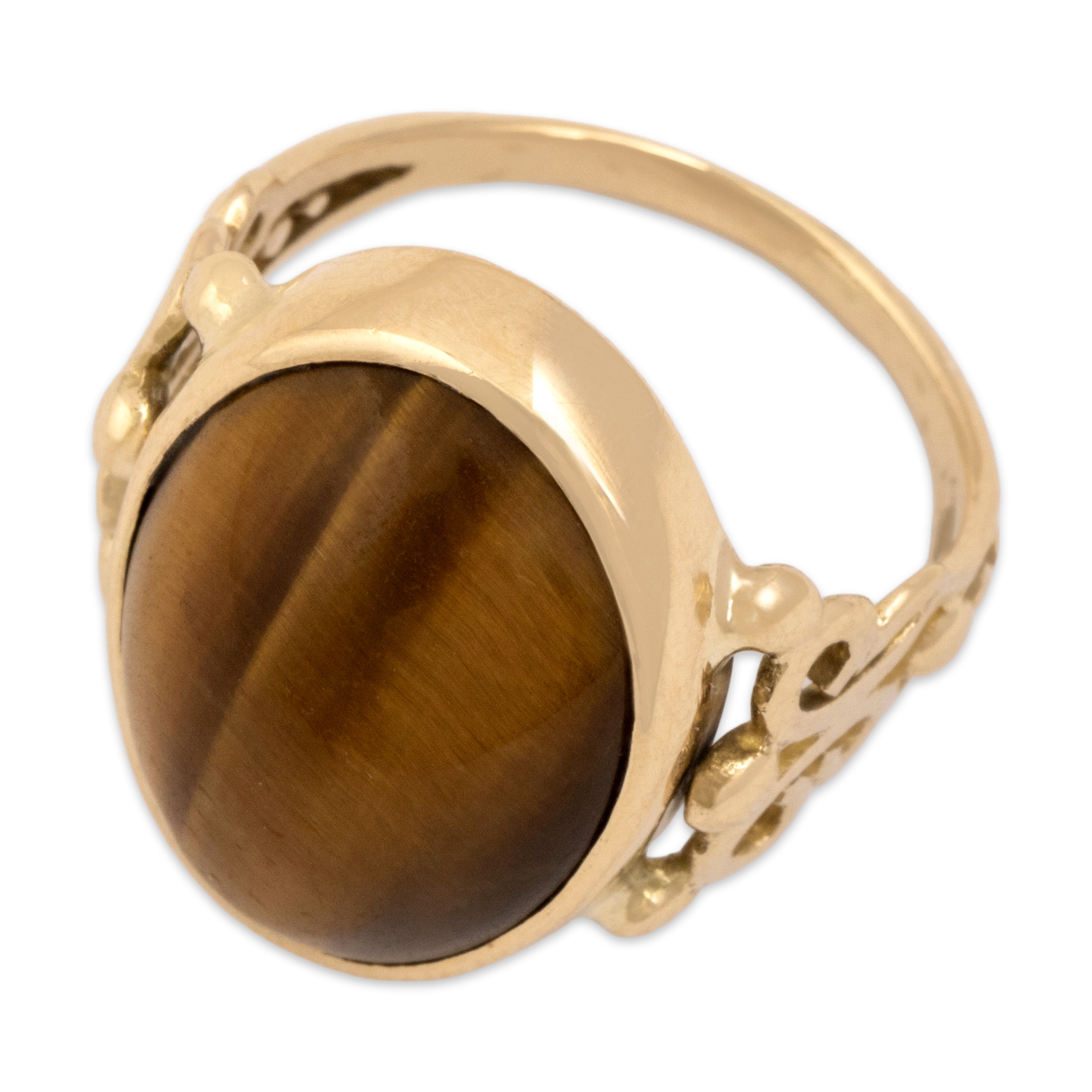 Vintage 14k Yellow Gold 9.29ct Tiger's Eye Gleaming Adorned Cabochon Ring - Overall view
