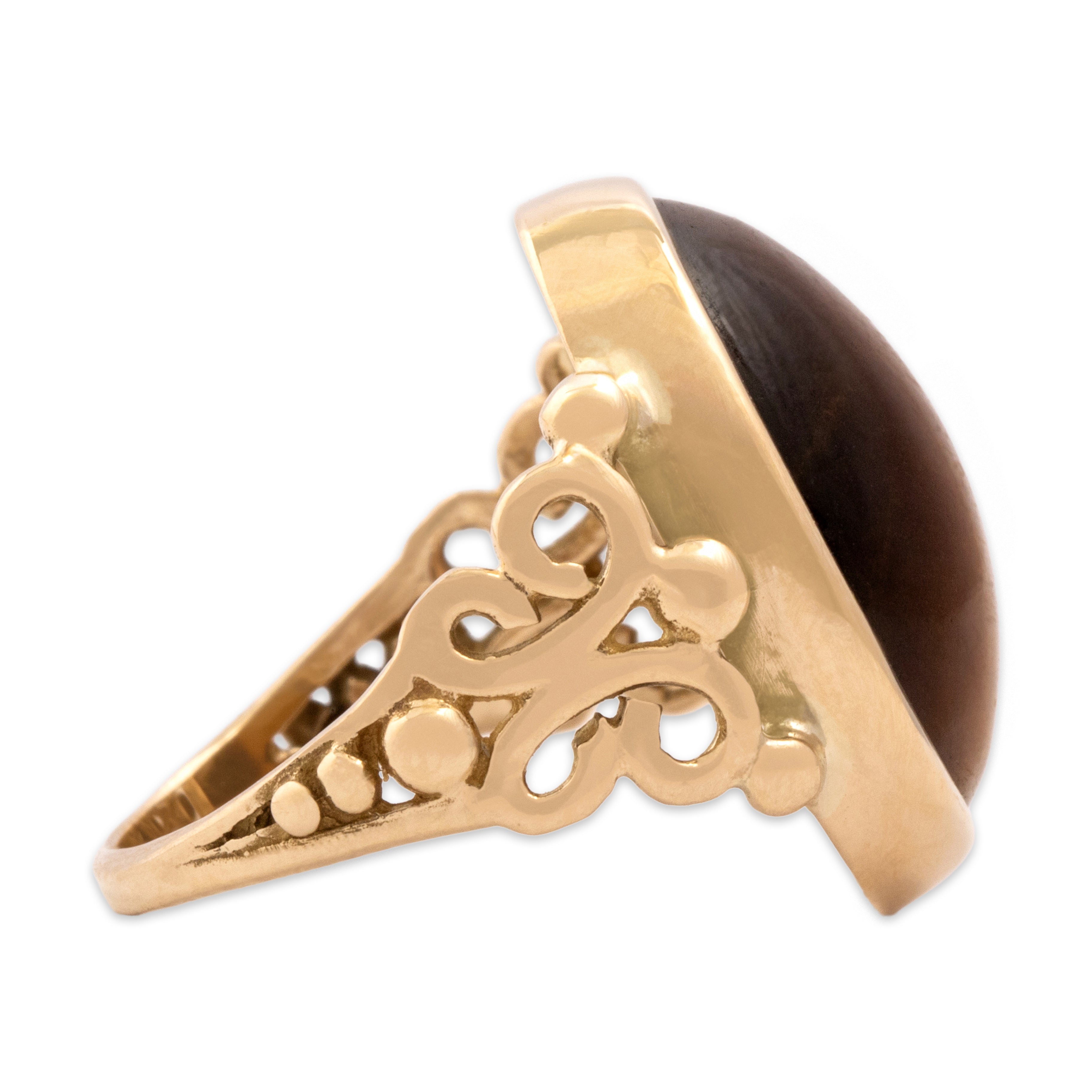 Vintage 14k Yellow Gold 9.29ct Tiger's Eye Gleaming Adorned Cabochon Ring - Side view