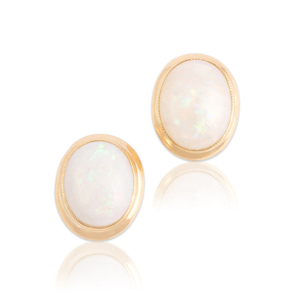 Vintage 10k Yellow Gold 2.92cttw Opal Iridescent Cabochon Stud Earrings