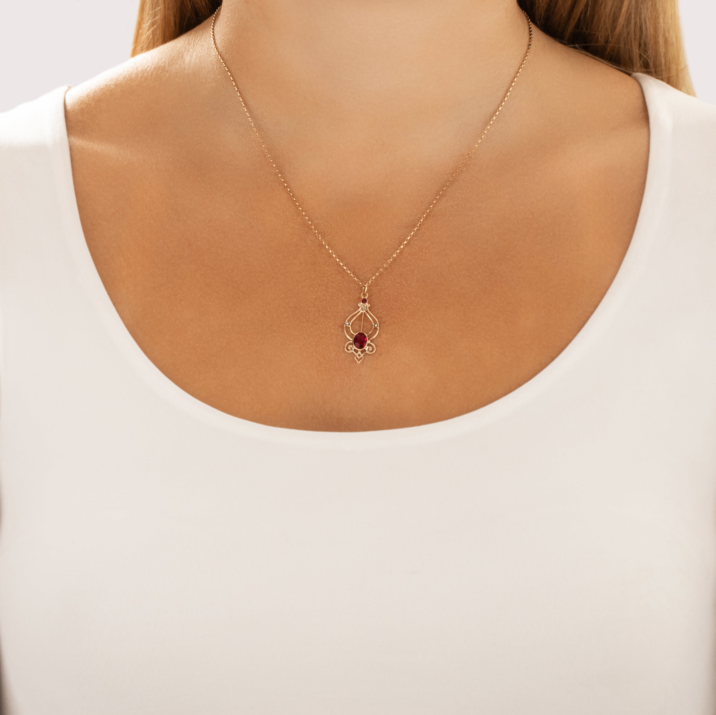Antique 10k Yellow Gold Pink Glass Pearl Open Cabochon Flourish Pendant - On model view