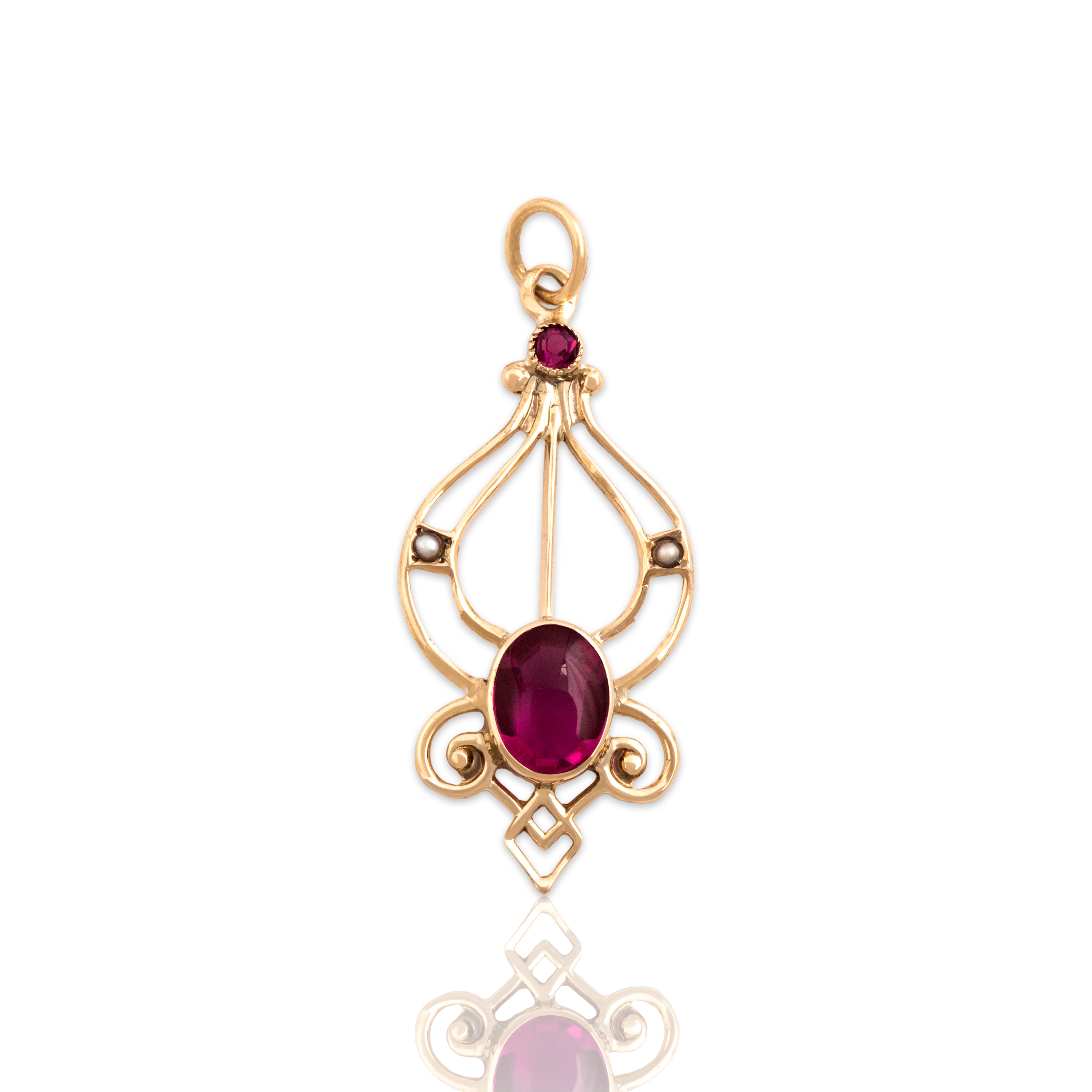 Antique 10k Yellow Gold Pink Glass Pearl Open Cabochon Flourish Pendant