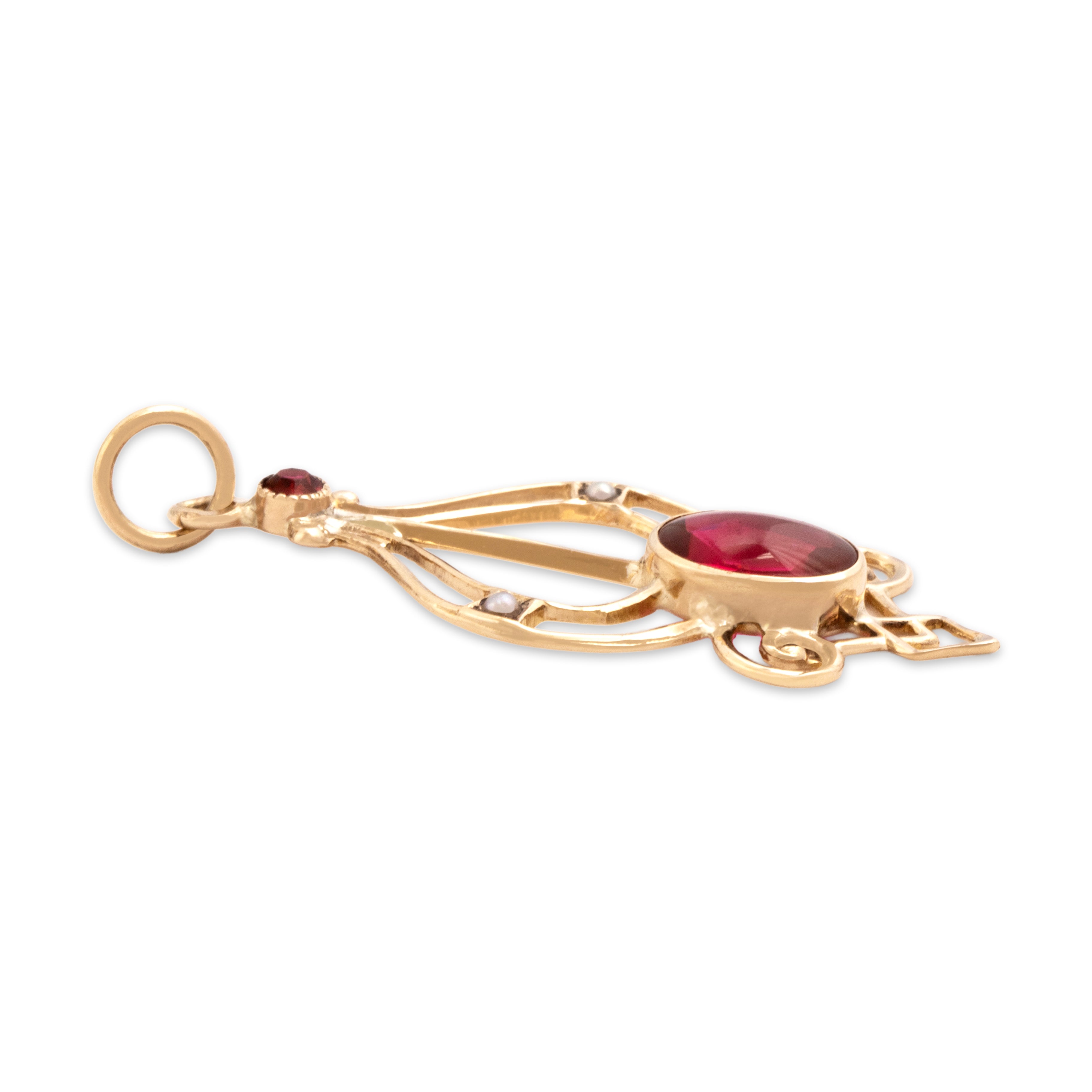 Antique 10k Yellow Gold Pink Glass Pearl Open Cabochon Flourish Pendant - Side view