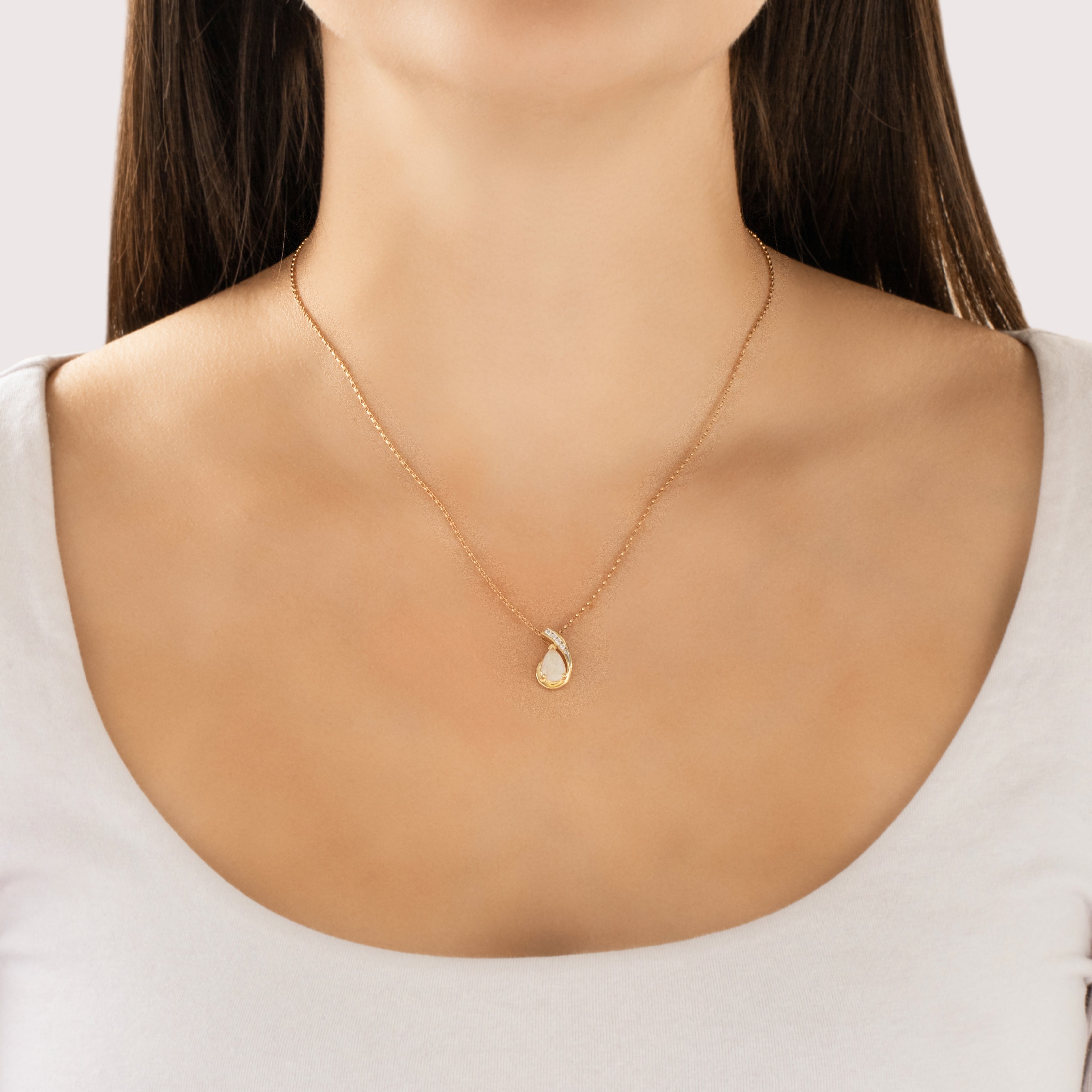 Vintage 10k Yellow Gold Opal Diamond Swooping Channel Raindrop Pendant- On model view