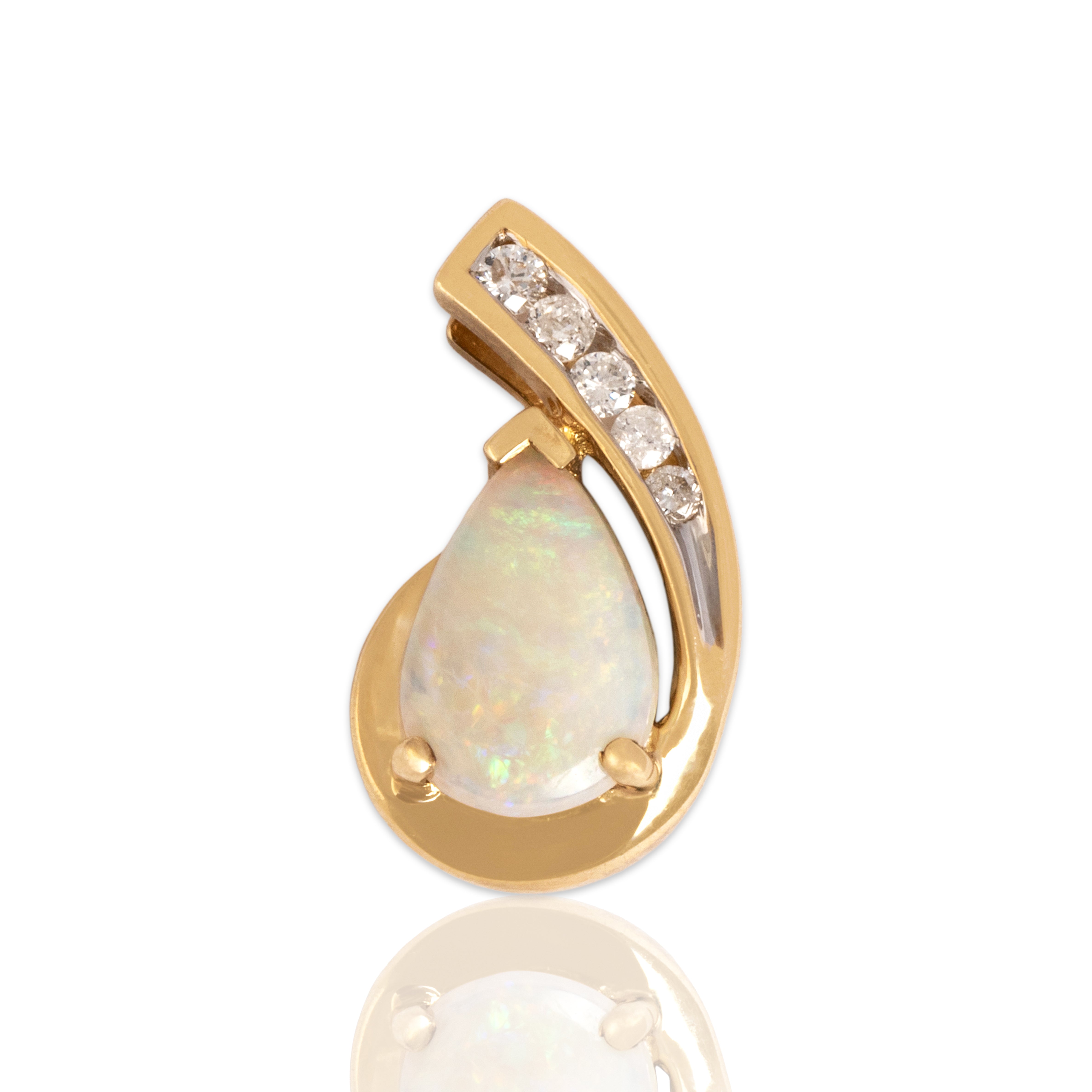 Vintage 10k Yellow Gold Opal Diamond Swooping Channel Raindrop Pendant- Close-up view