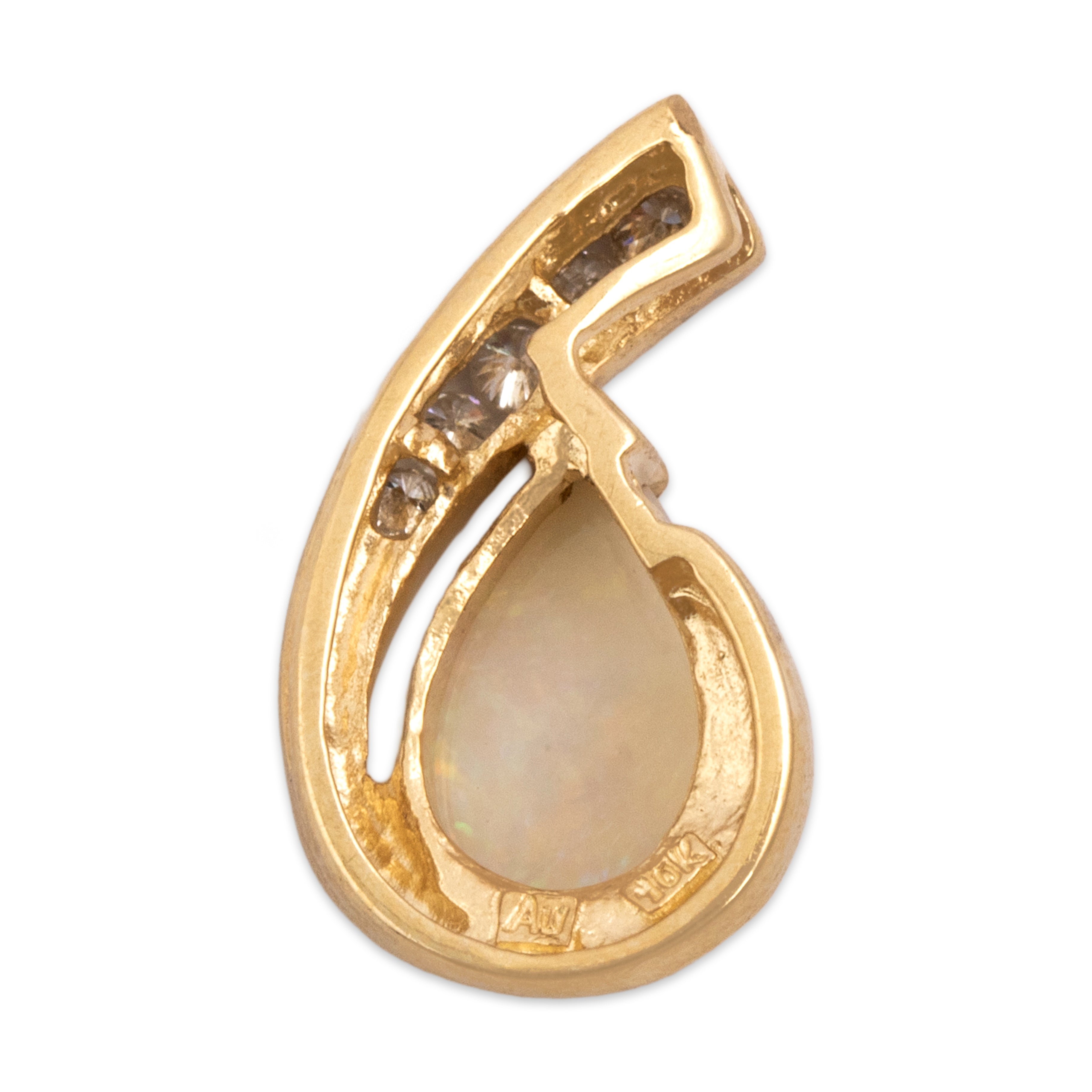 Vintage 10k Yellow Gold Opal Diamond Swooping Channel Raindrop Pendant- Back view