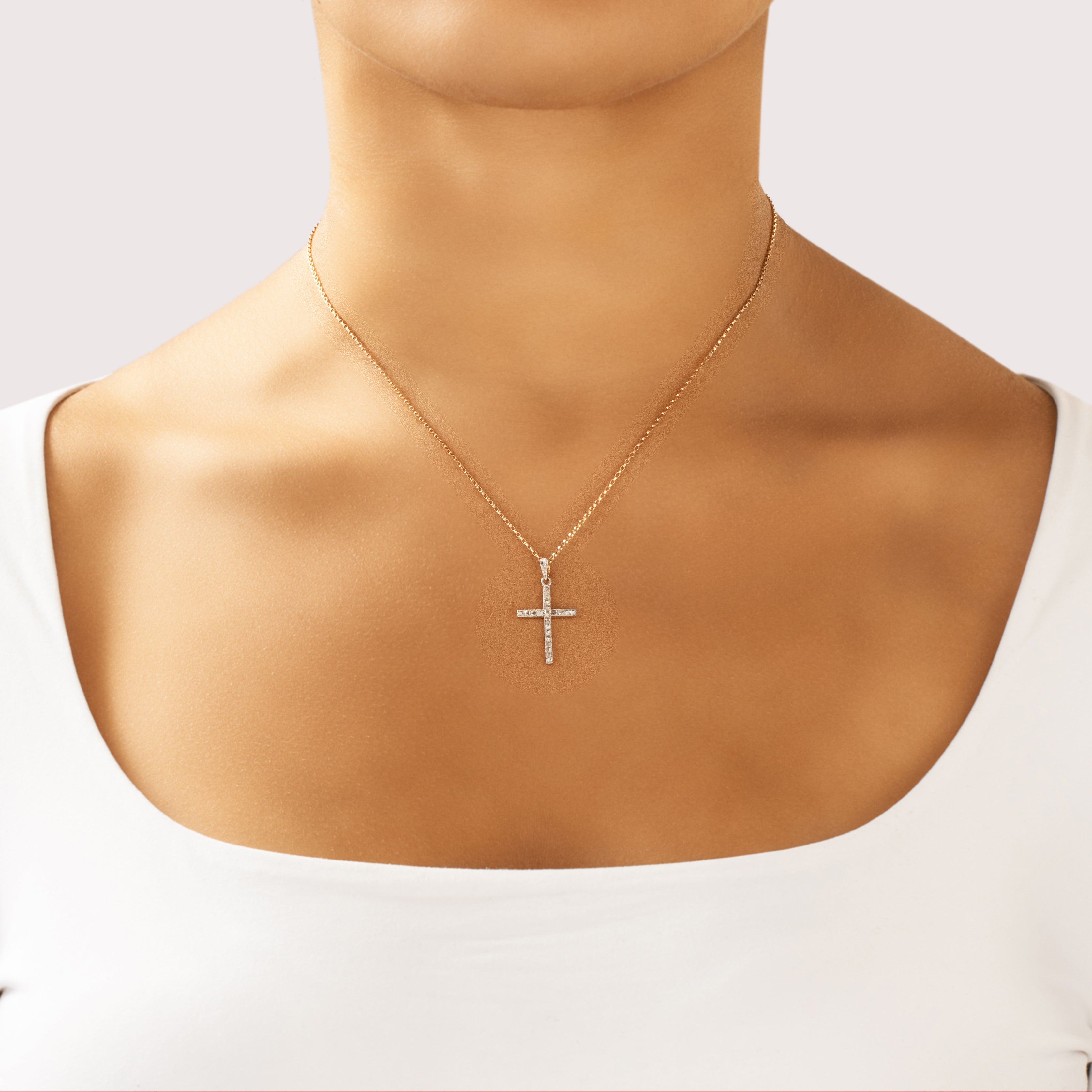 Antique 18k Yellow Gold & Platinum Rose Cut Diamond Diamond Milgrain Detailed Cross Pendant - On model view