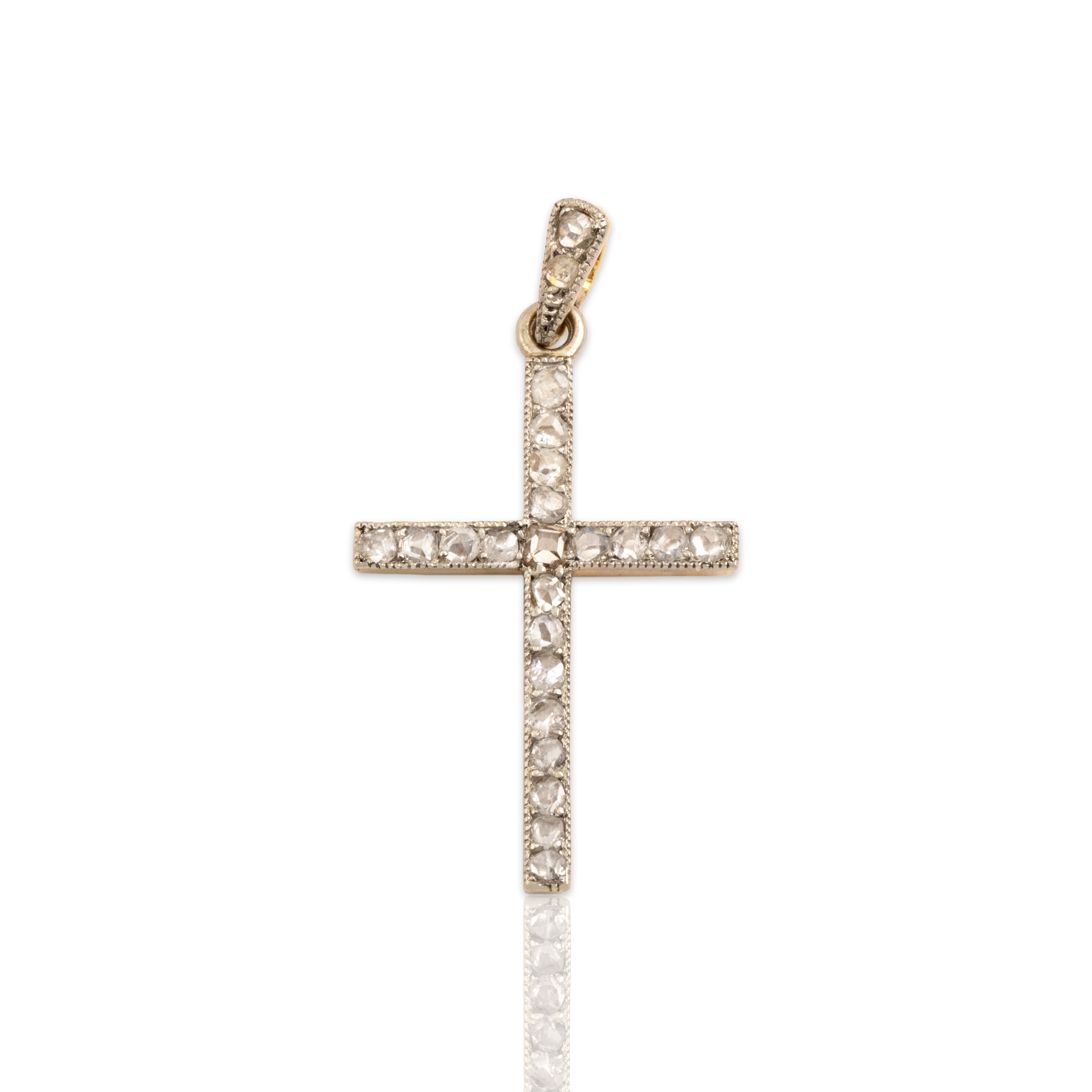 Antique 18k Yellow Gold & Platinum Rose Cut Diamond Milgrain Cross Pendant