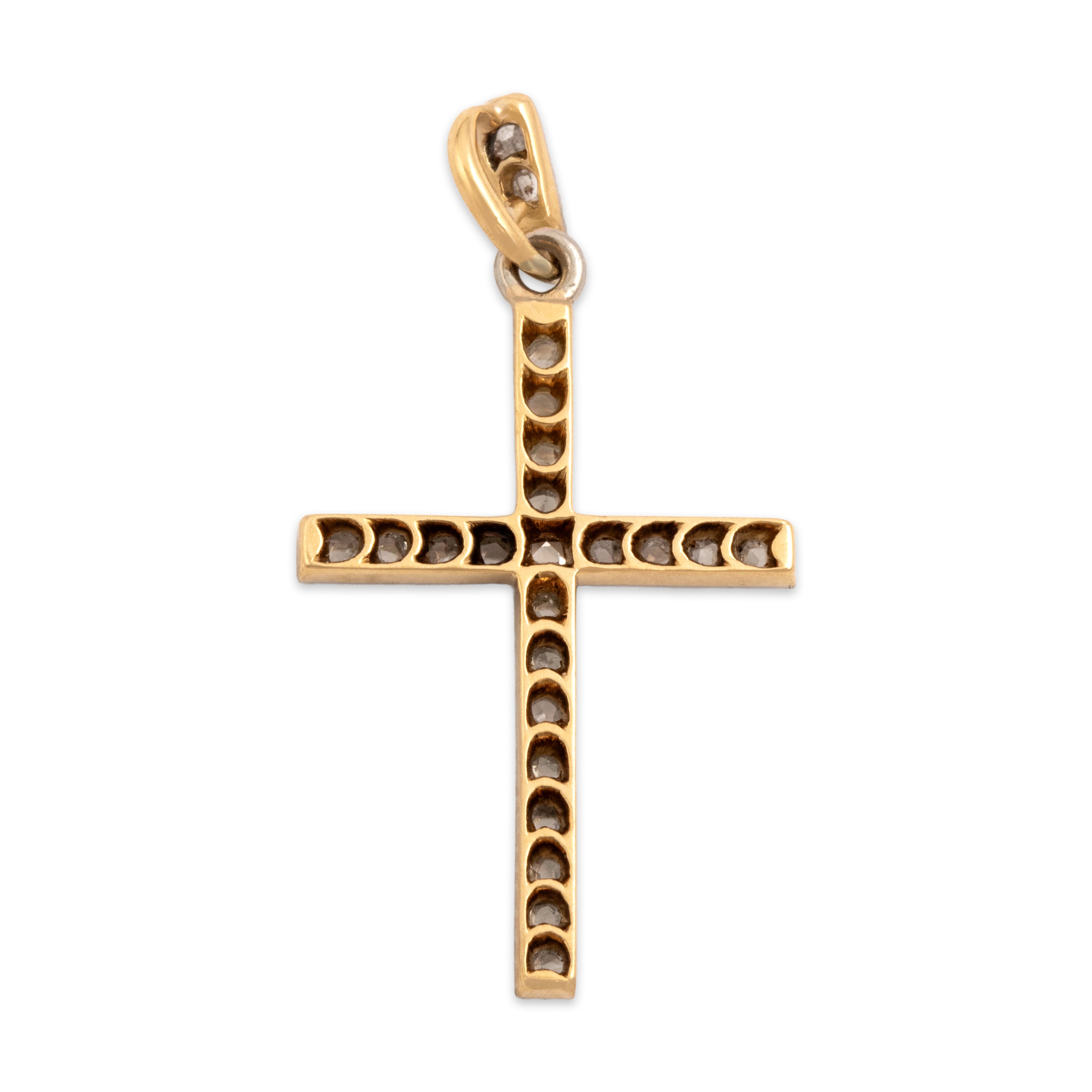 Antique 18k Yellow Gold & Platinum Rose Cut Diamond Diamond Milgrain Detailed Cross Pendant - Back view