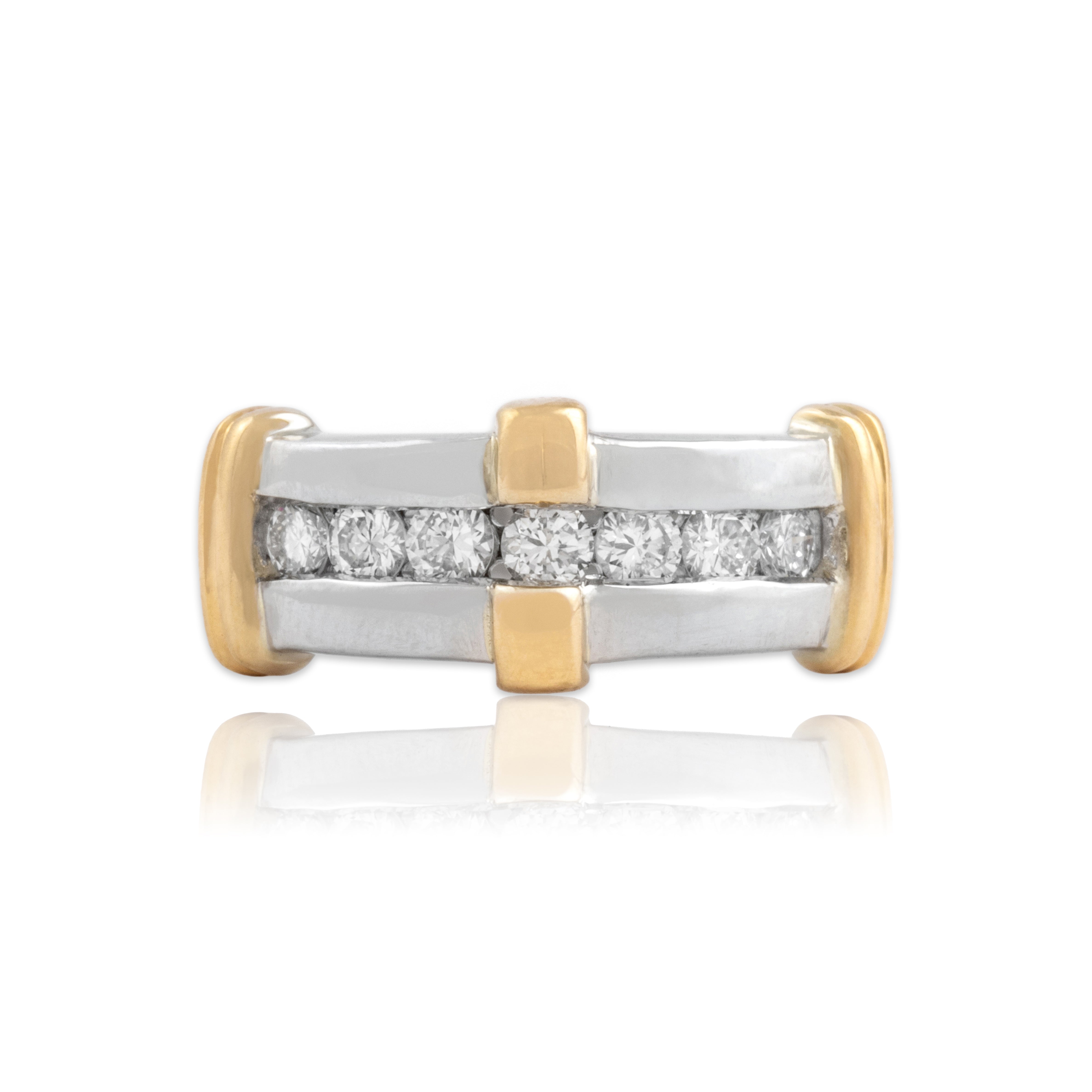 Vintage Platinum & 18k Yellow Gold Diamond Stunning Channel-Set Ribbed Wide Ring - Close-up view