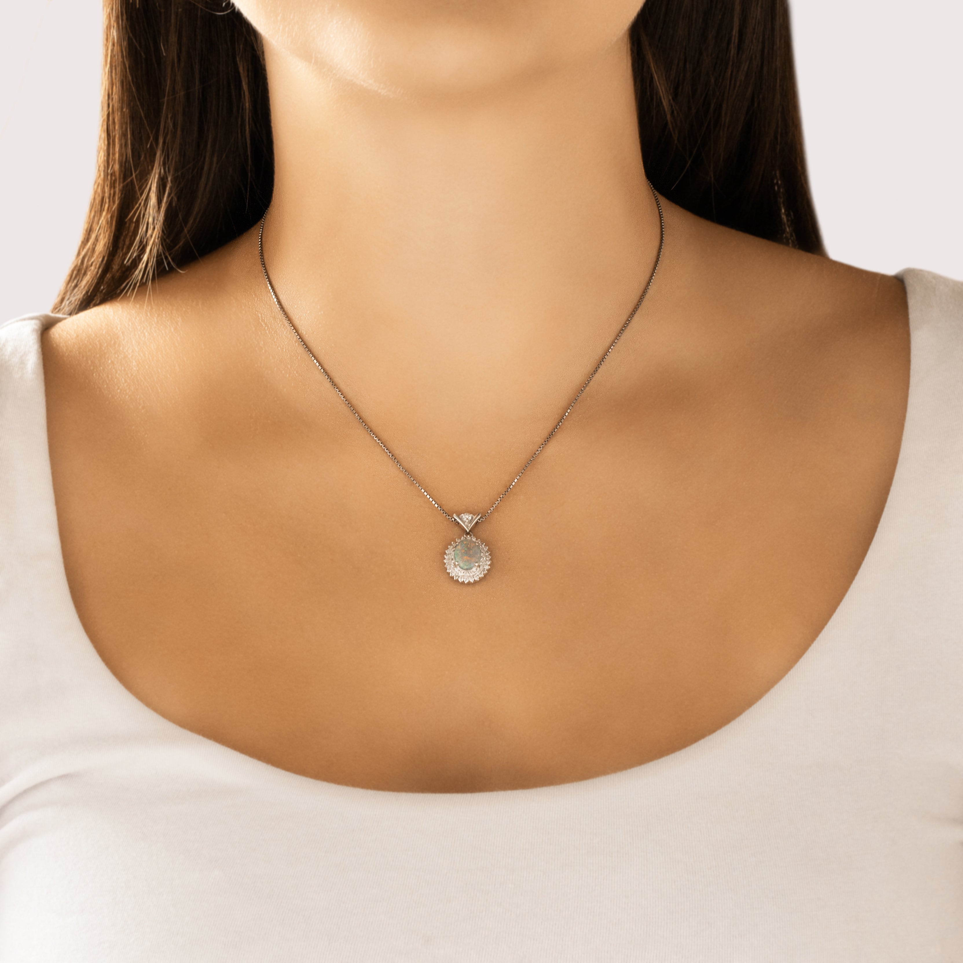 Vintage Platinum [Custom Carat] Iridescent Halo Dangle Adjustable Necklace - On model view