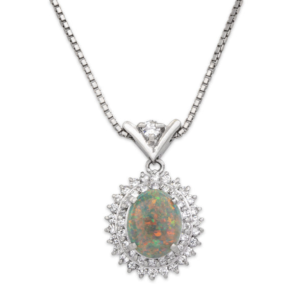 Vintage Platinum 1.21ct Opal .53cttw Diamond Iridescent Dangle Necklace 14.5-16