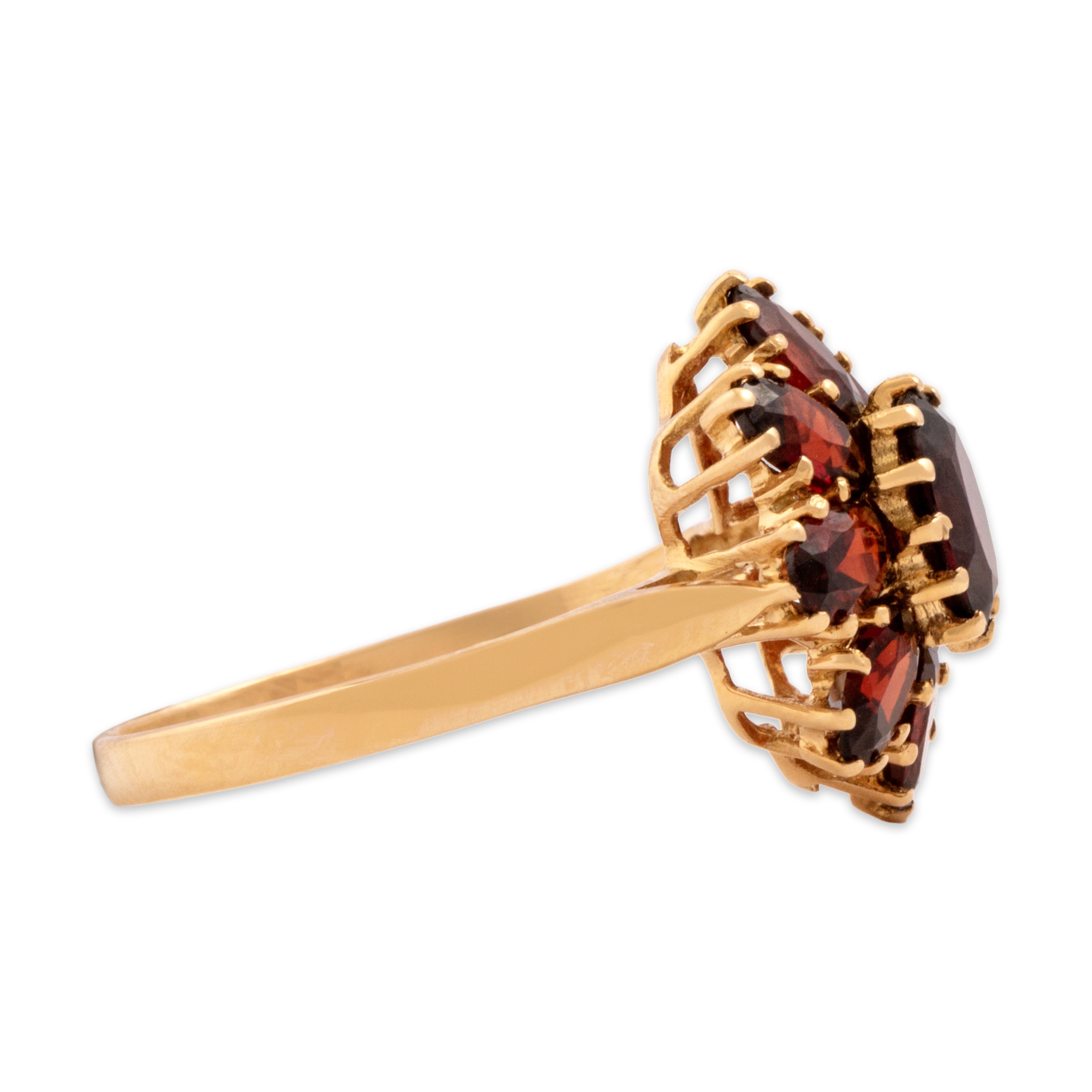 Vintage Italian 18k Yellow Gold 2.46cttw Garnet Blooming Crimson Flower Ring - Side view