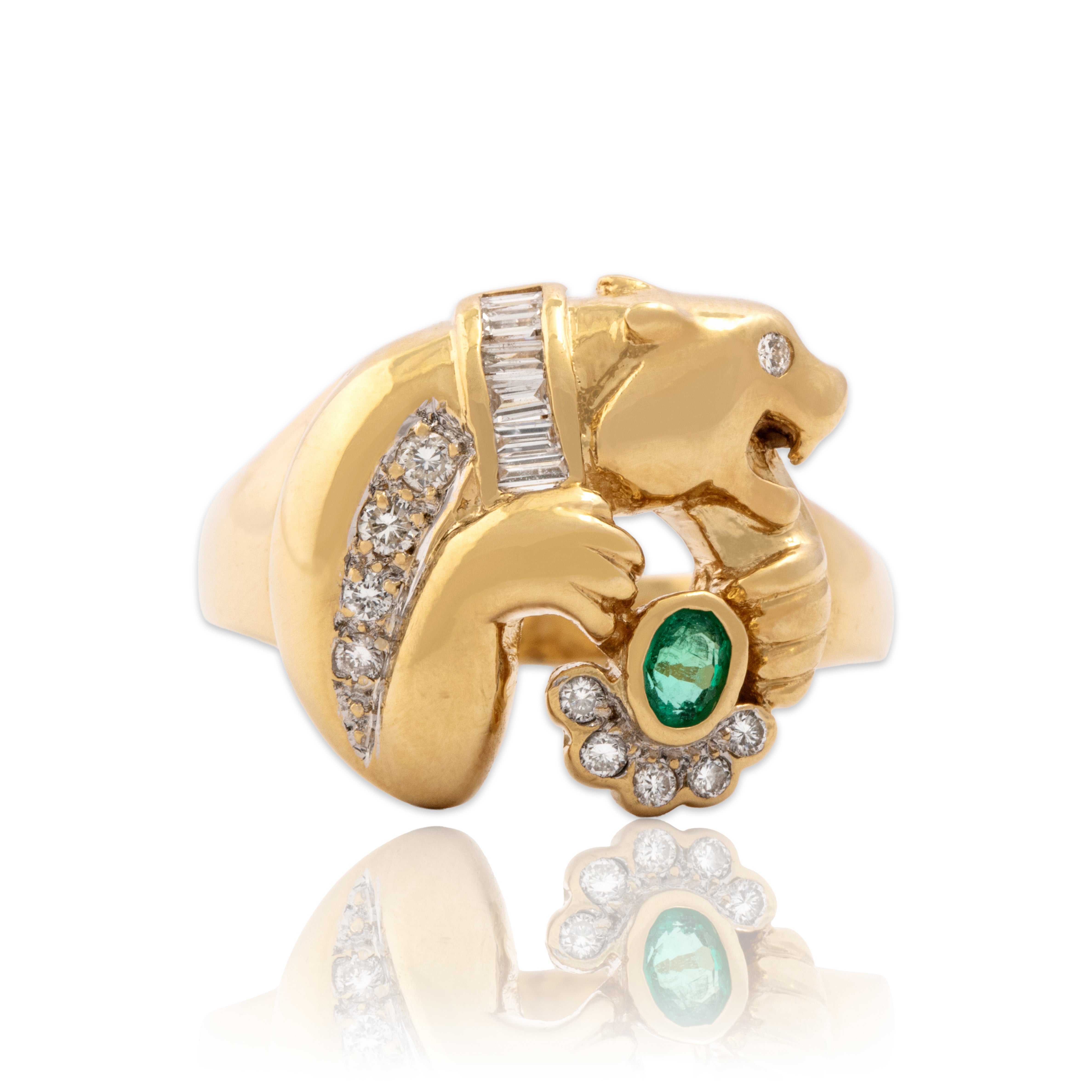 Vintage 18k Yellow Gold Diamond Emerald Fantastic Fierce Panther Ring - Close-up view