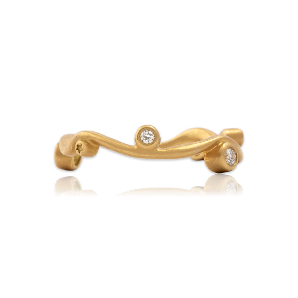 Estate 18k Yellow Gold Diamond Chic Brushed Wavy Bezel-Set Band Ring 6.50