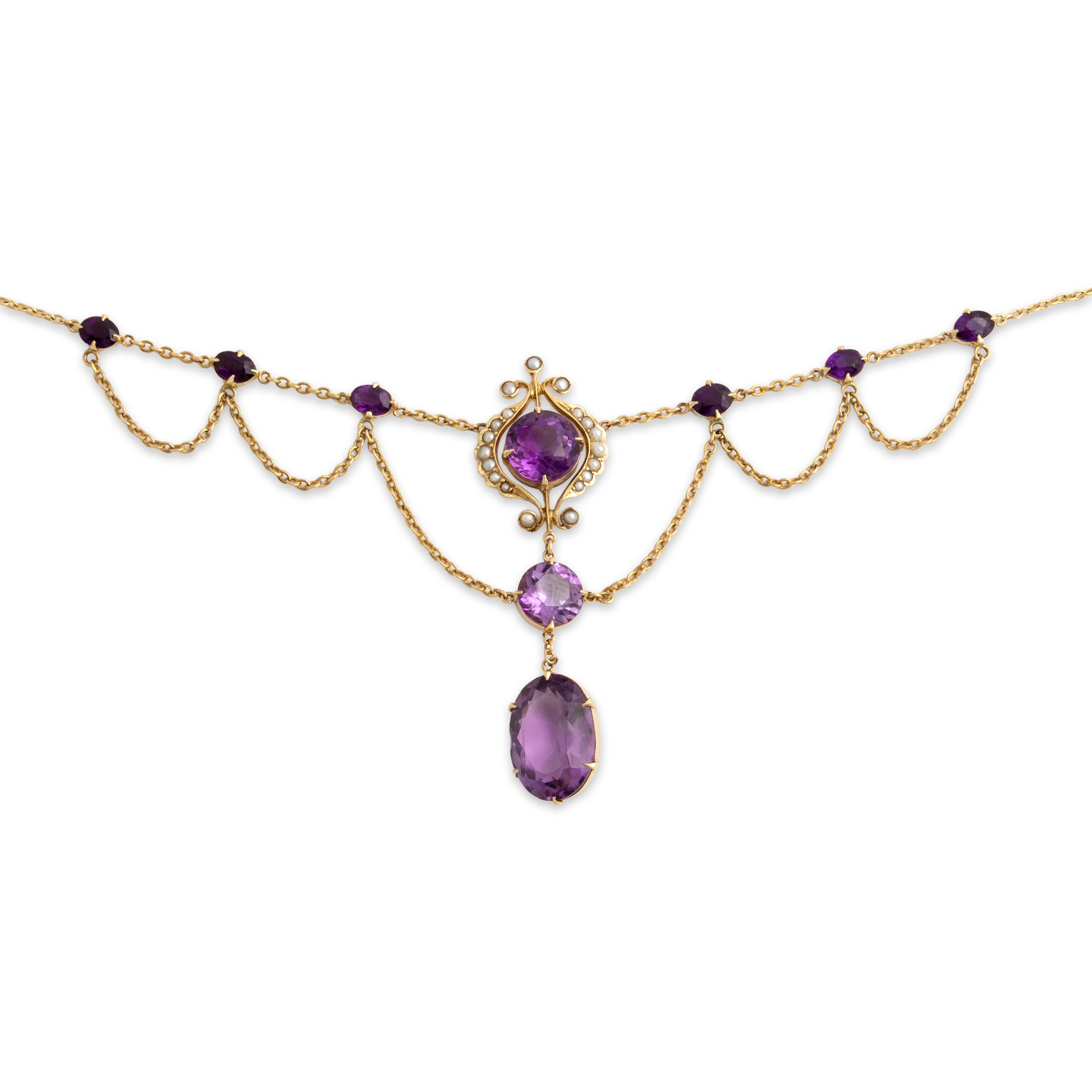 Vintage 14k Yellow Gold 13.0cttw Amethyst Pearl Romantic Ornate Drop Necklace - detail view #3