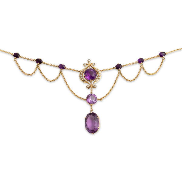Vintage 14k Yellow Gold 13.0cttw Amethyst Pearl Romantic Ornate Drop Necklace 21