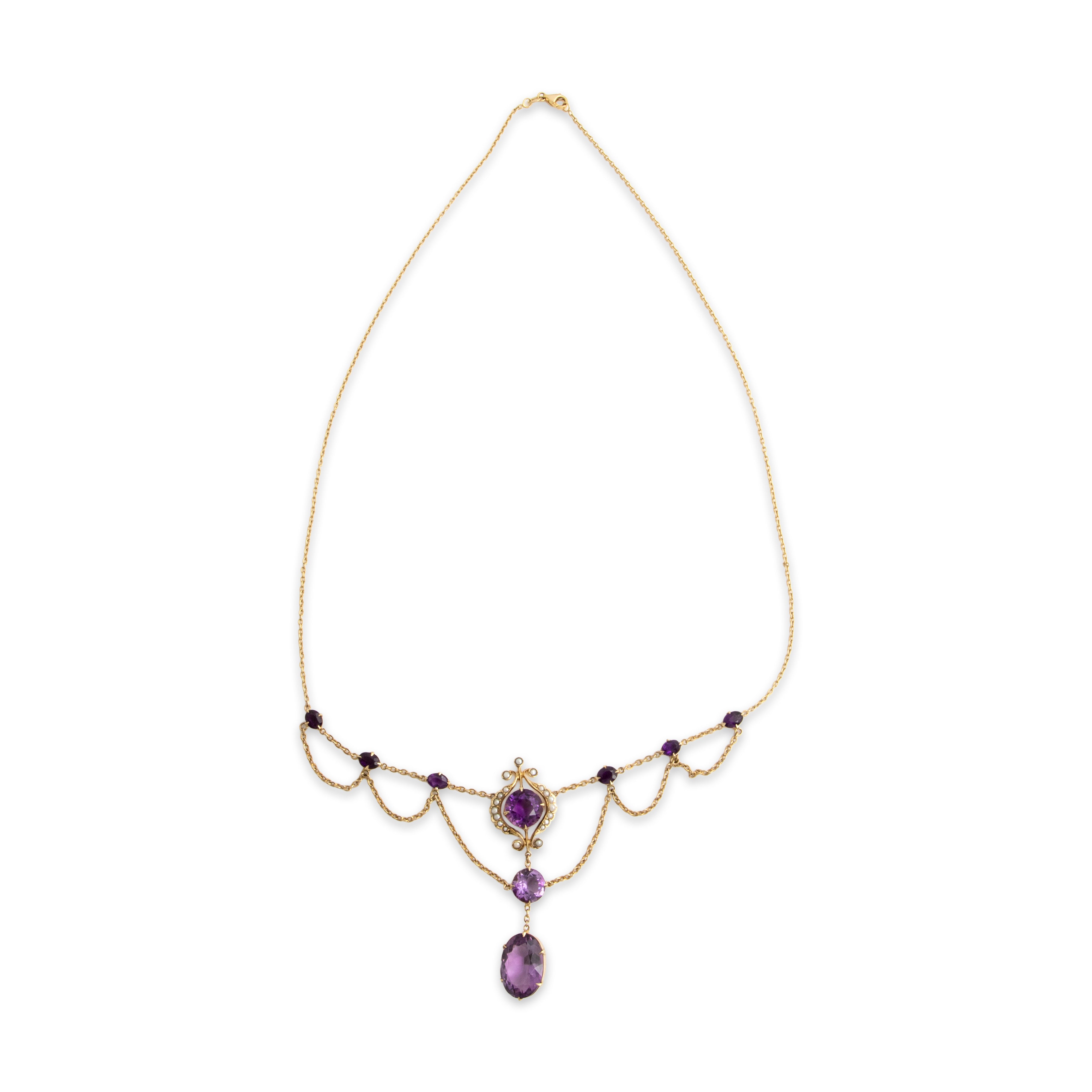Vintage 14k Yellow Gold 13.0cttw Amethyst Pearl Romantic Ornate Drop Necklace - Overall view