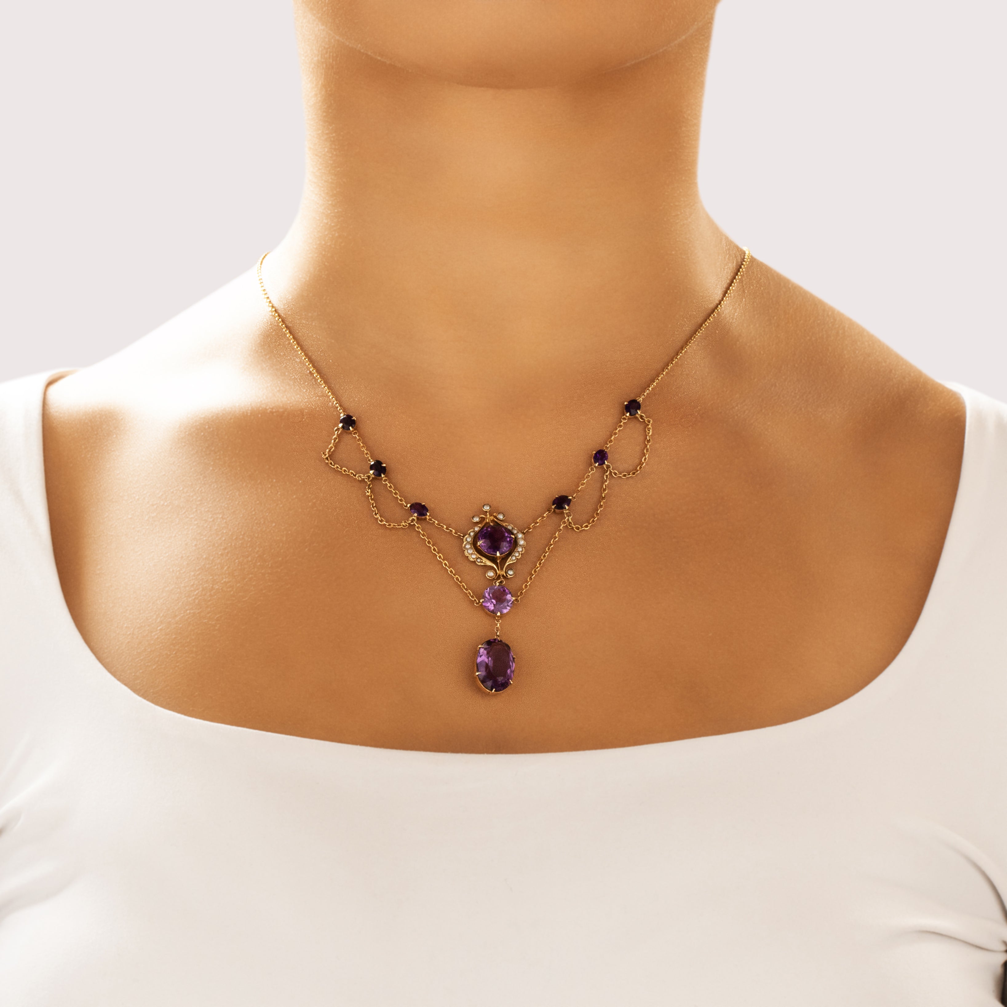 Vintage 14k Yellow Gold 13.0cttw Amethyst Pearl Romantic Ornate Drop Necklace - On model view