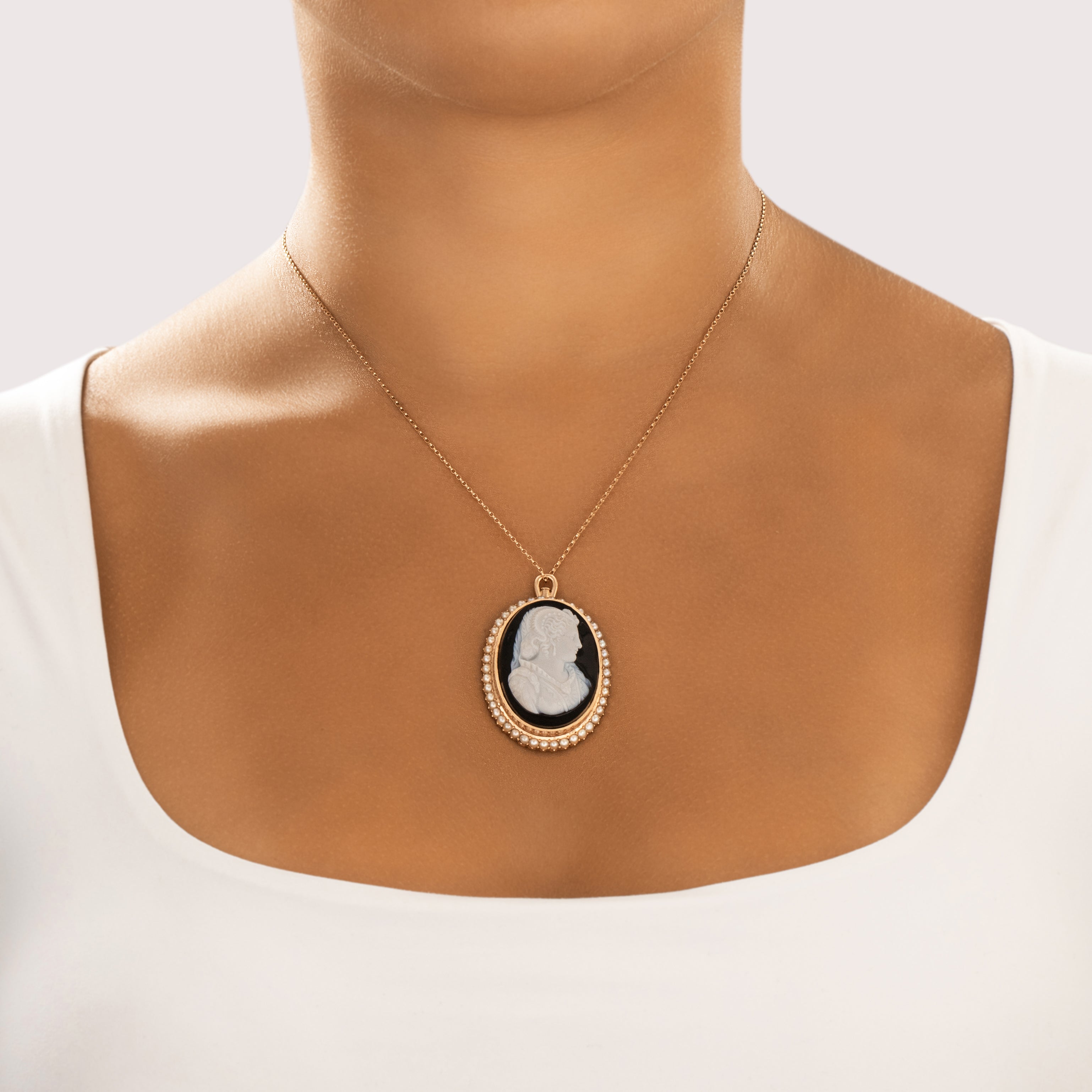 Antique Victorian 14k Rosy Yellow Gold Banded Agate Incredible Oversized Carved Cameo Pendant - On model view