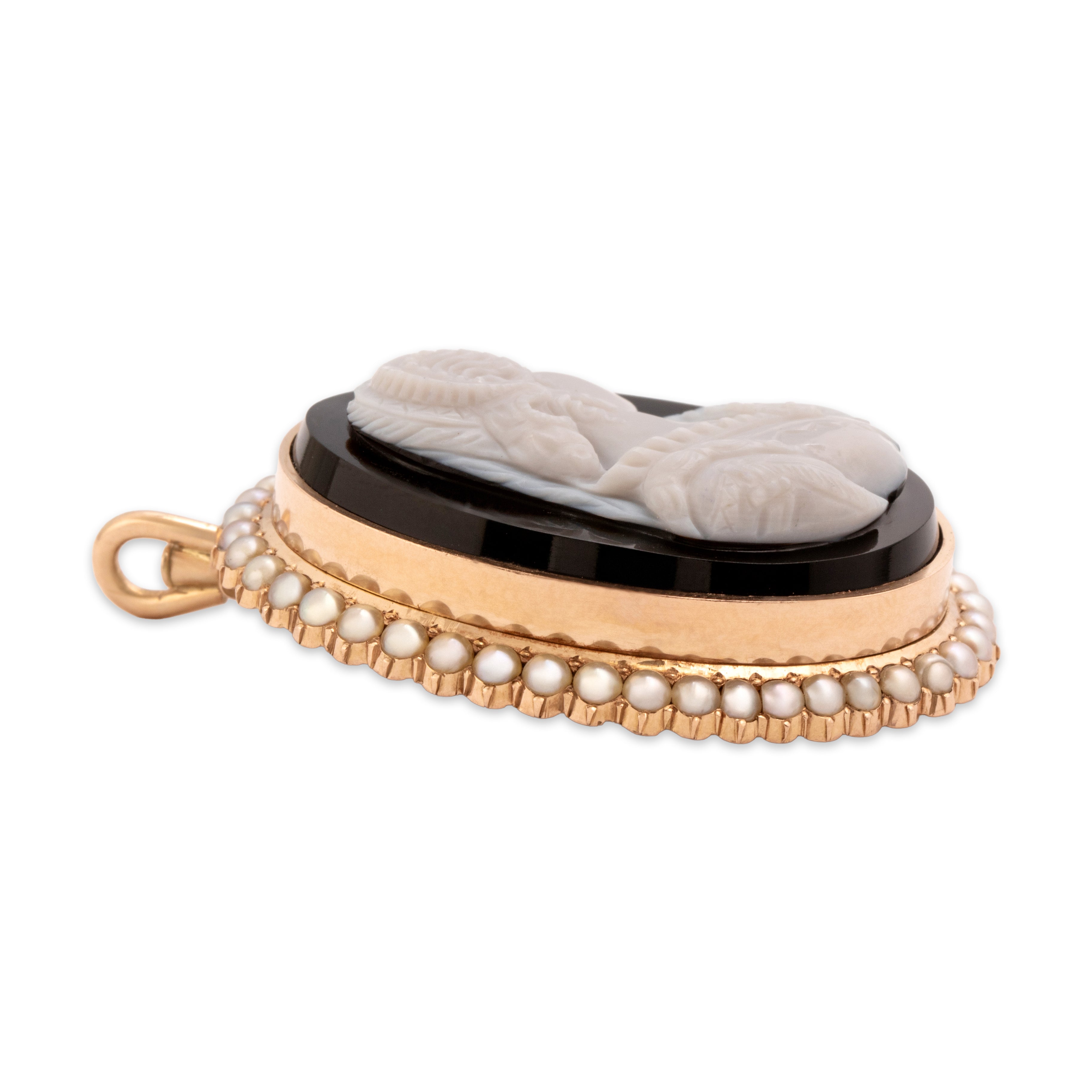Antique Victorian 14k Rosy Yellow Gold Banded Agate Incredible Oversized Carved Cameo Pendant - Side view