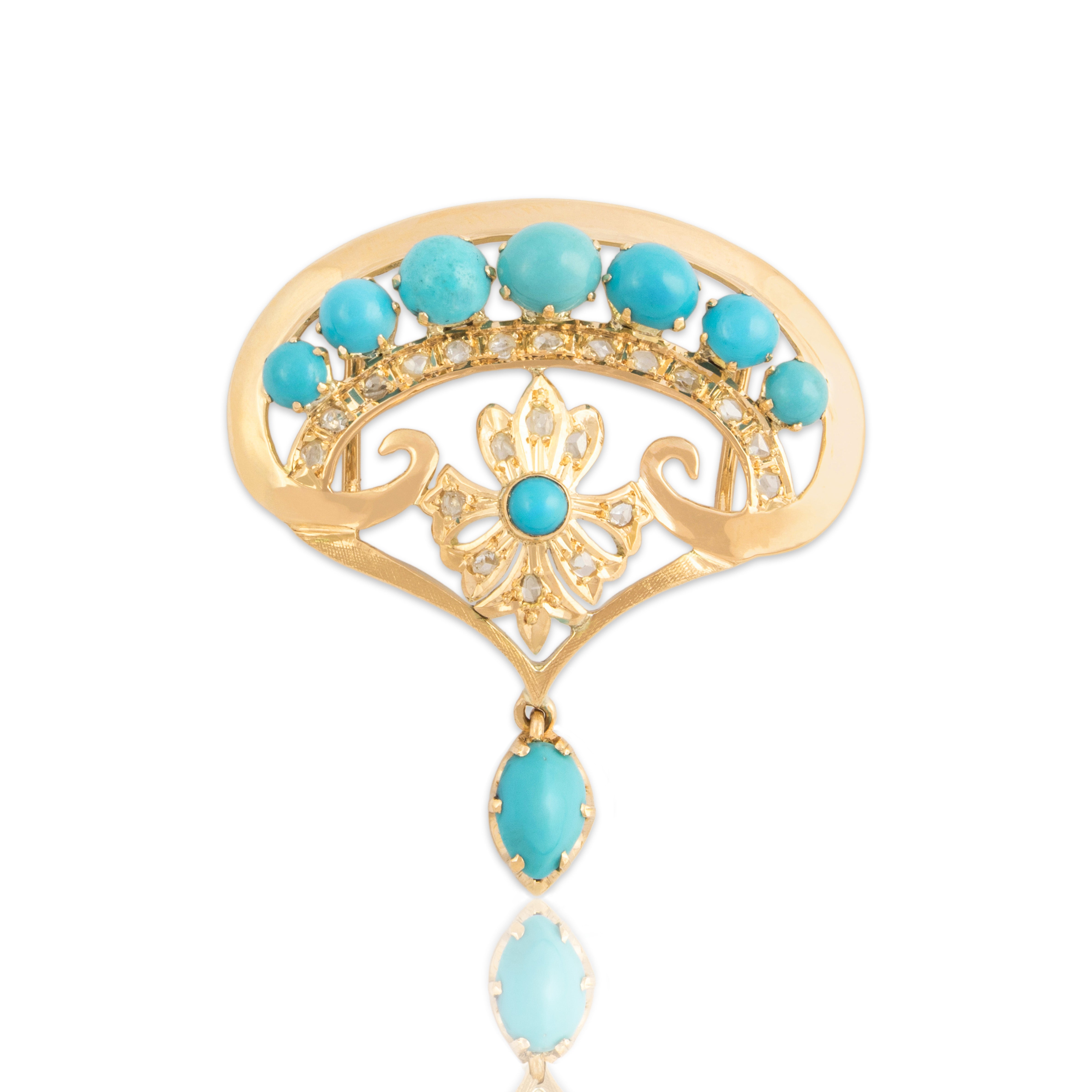 Antique Victorian 14k Yellow Gold 3.98cttw Turquoise Diamond Scroll Slide Pendant