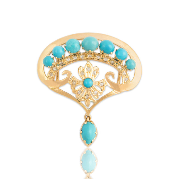 Antique Victorian 14k Yellow Gold 3.98cttw Turquoise Diamond Scroll Slide Pendant