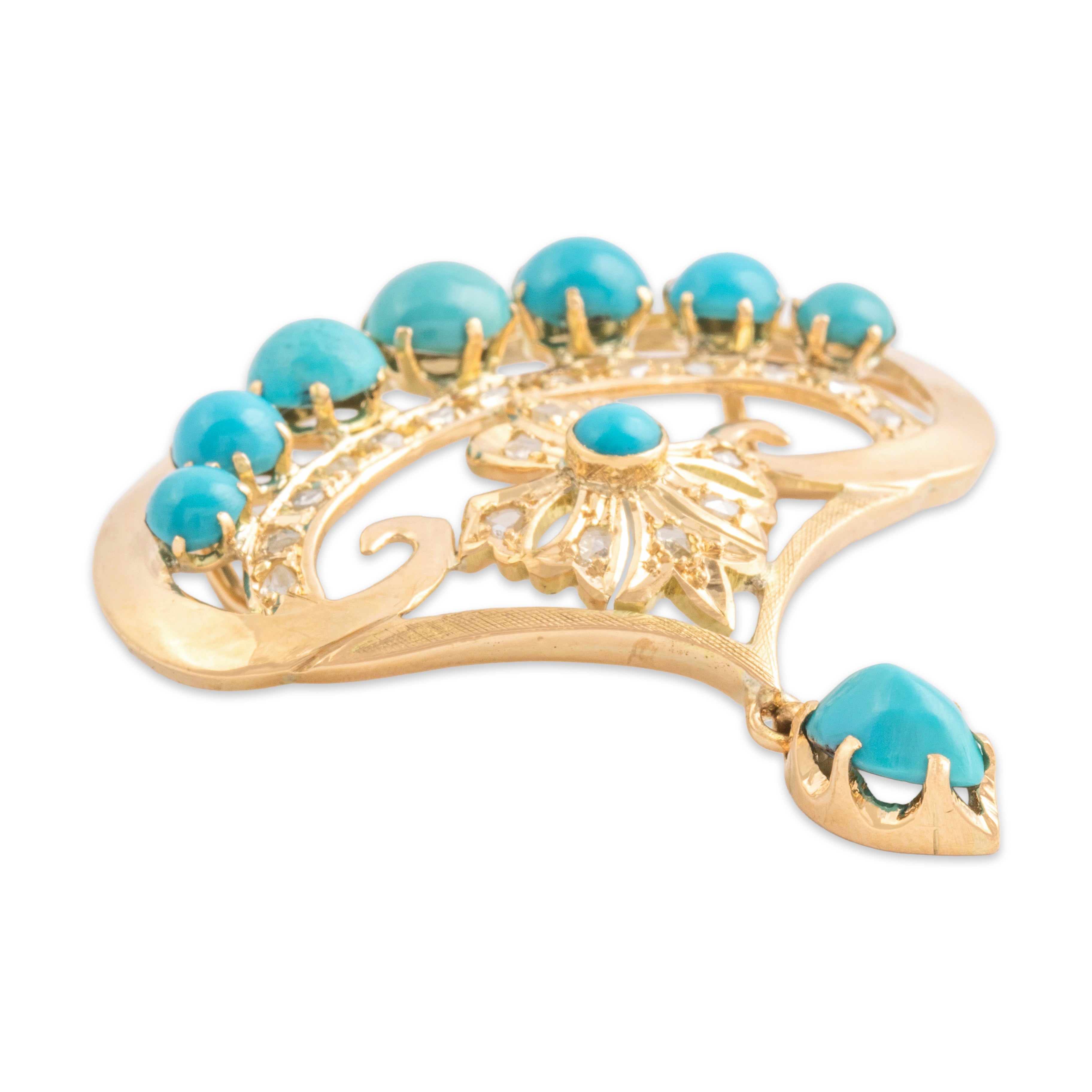 Antique Victorian 14k Yellow Gold 3.98cttw Turquoise Diamond Scroll Slide Pendant