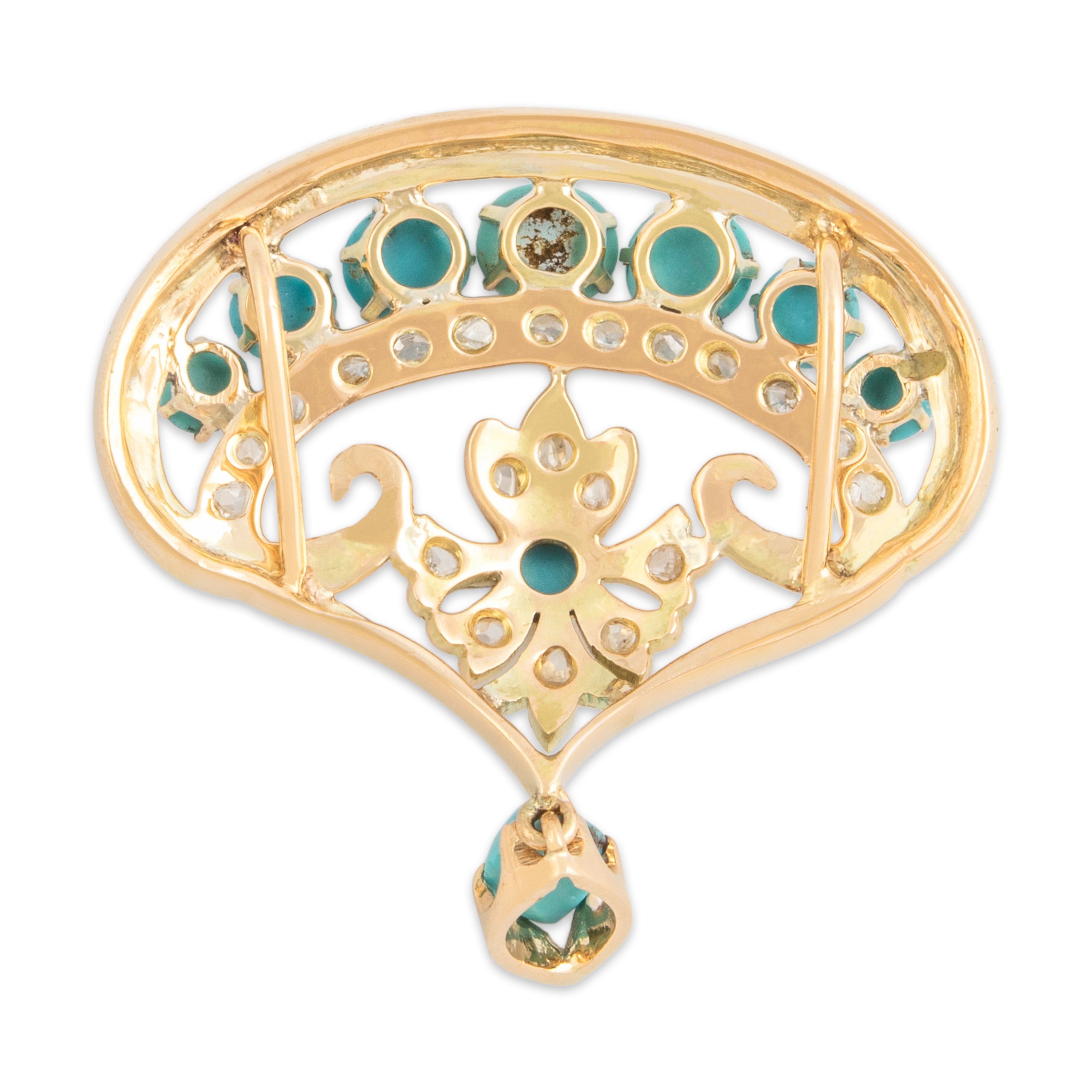 Antique Victorian 14k Yellow Gold 3.98cttw Turquoise Diamond Scroll Slide Pendant