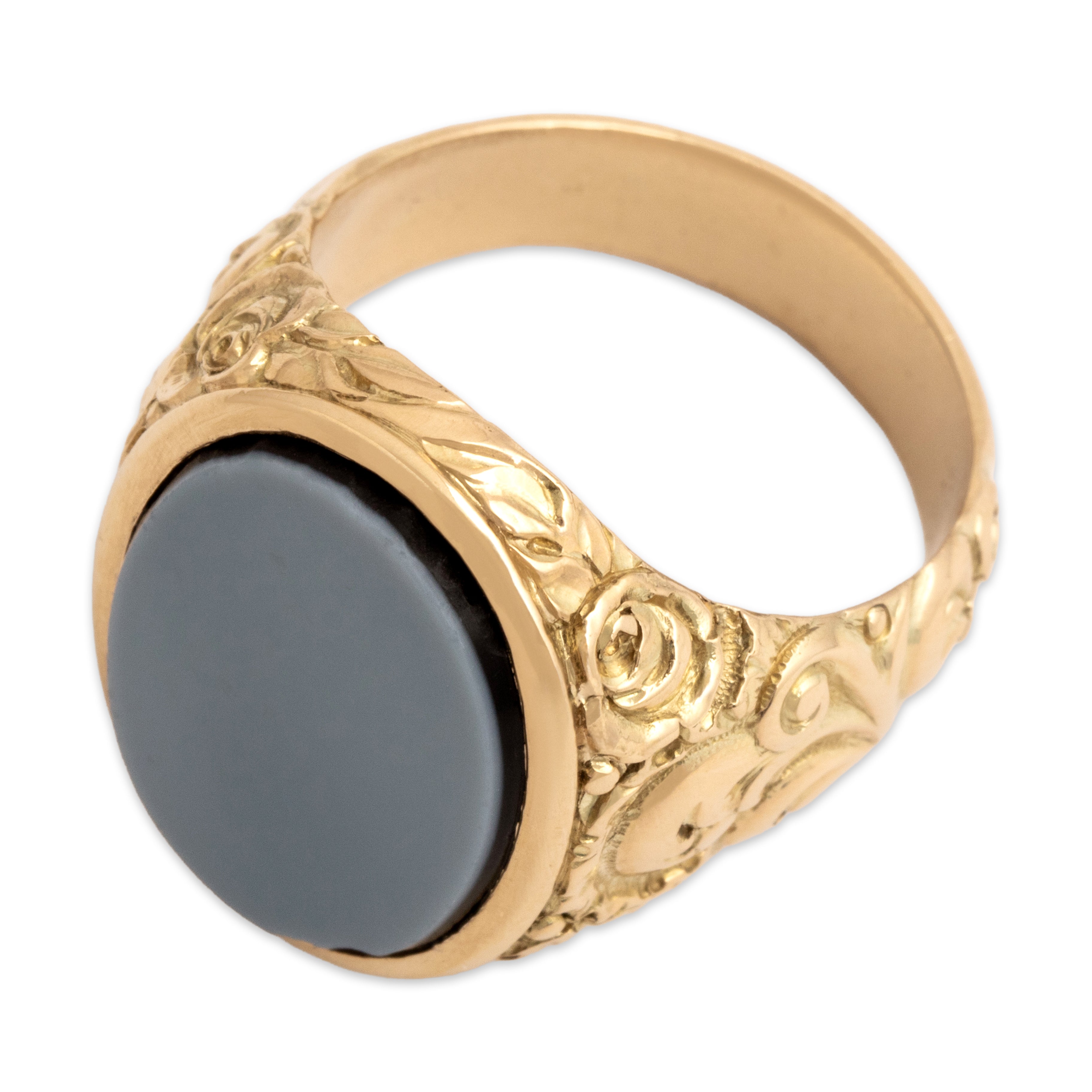 Antique Victorian 14k Yellow Gold 4.12ct Banded Agate Ornate Floral Adorned Signet Ring - Overall view