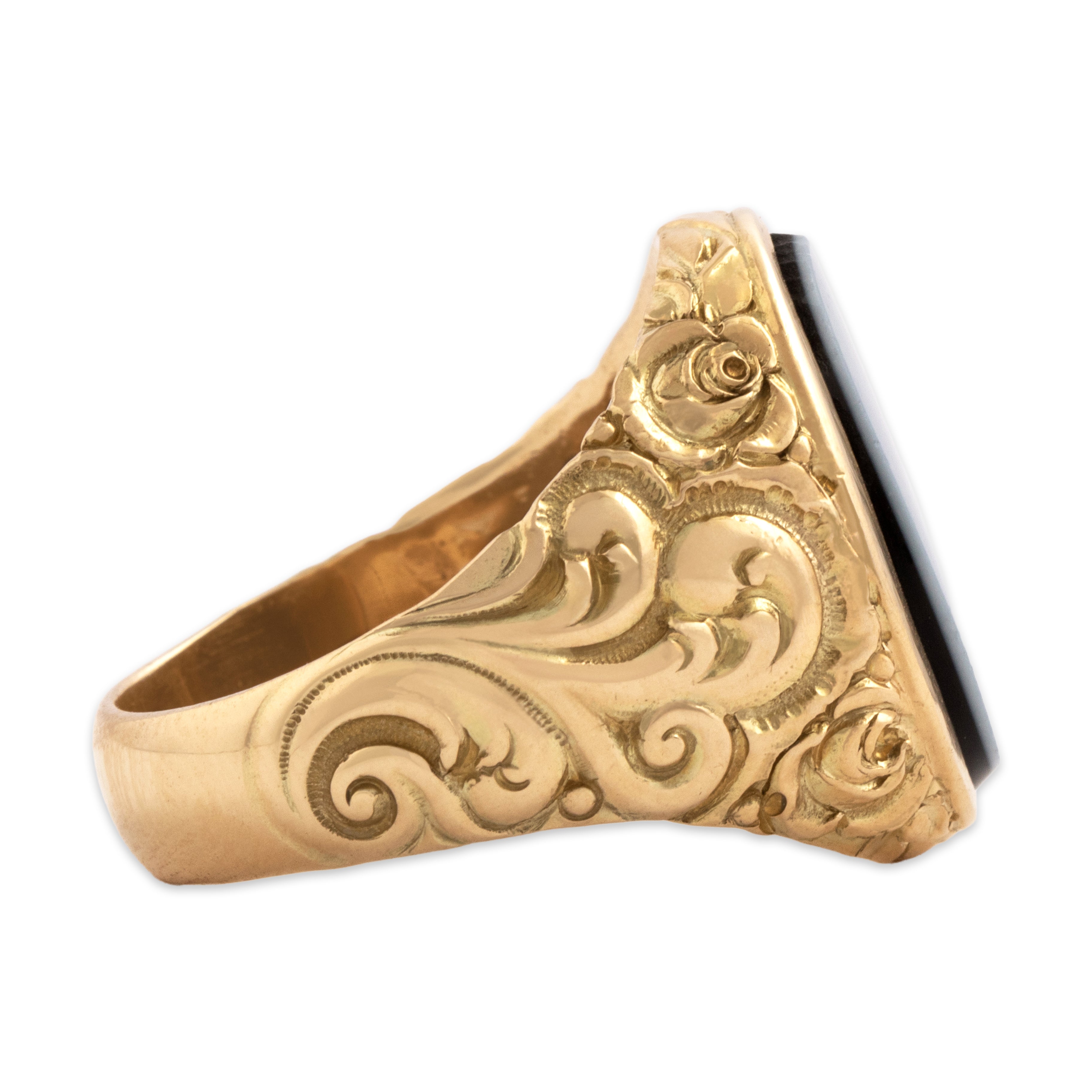 Antique Victorian 14k Yellow Gold 4.12ct Banded Agate Ornate Floral Adorned Signet Ring - Side view