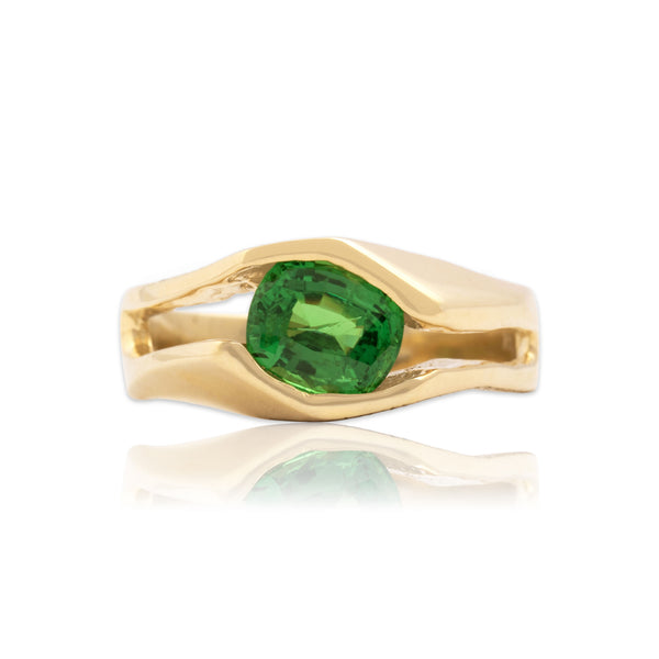 Vintage 14k Yellow Gold 1.09ct Tsavorite Garnet Geometric Dual-Texture Ring 6.25