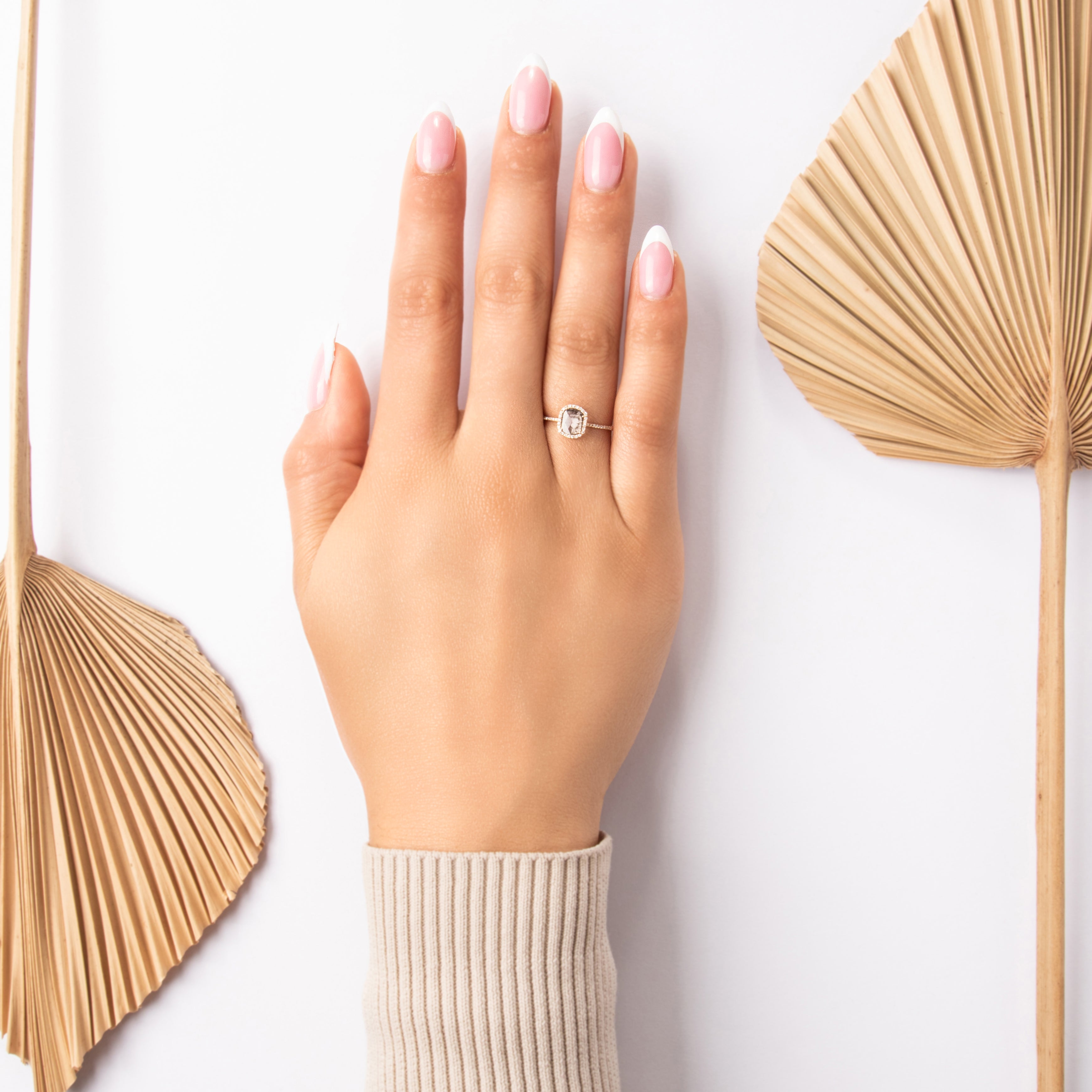 Estate 18k Rose Gold Salt And Pepper Diamond Diamond Delicate Micropave Checkerboard Slice Ring - On model view