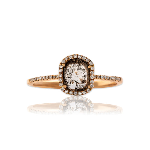 Estate 18k Rose Gold Salt & Pepper & White Diamond Delicate Slice Ring 6.50