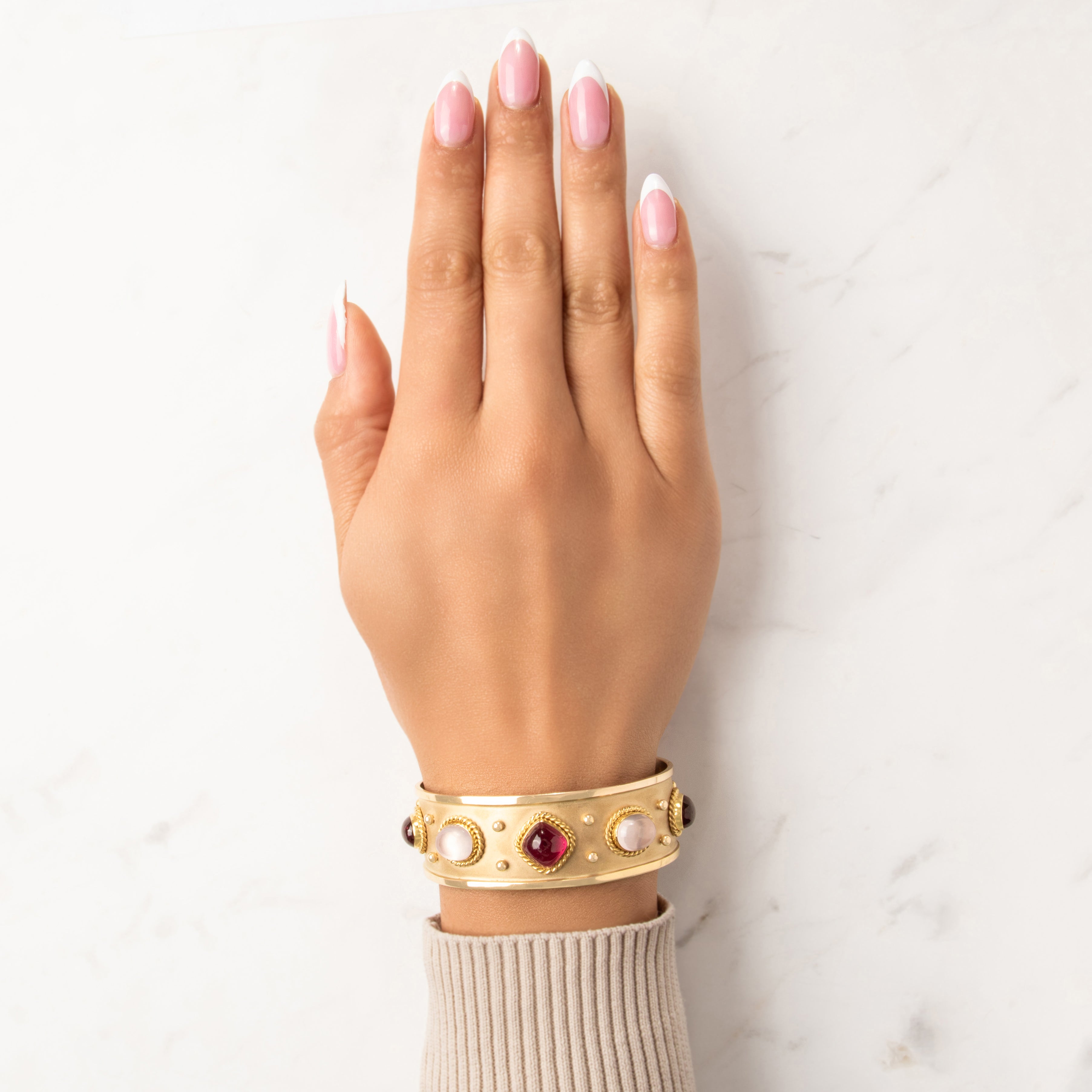 Vintage Substantial 14k Yellow Gold 9.39cttw Pink Moonstone 7.37cttw Pink Tourmaline Chic Classical Satin Framed Bezel Cabochon Cuff Bracelet - On model view
