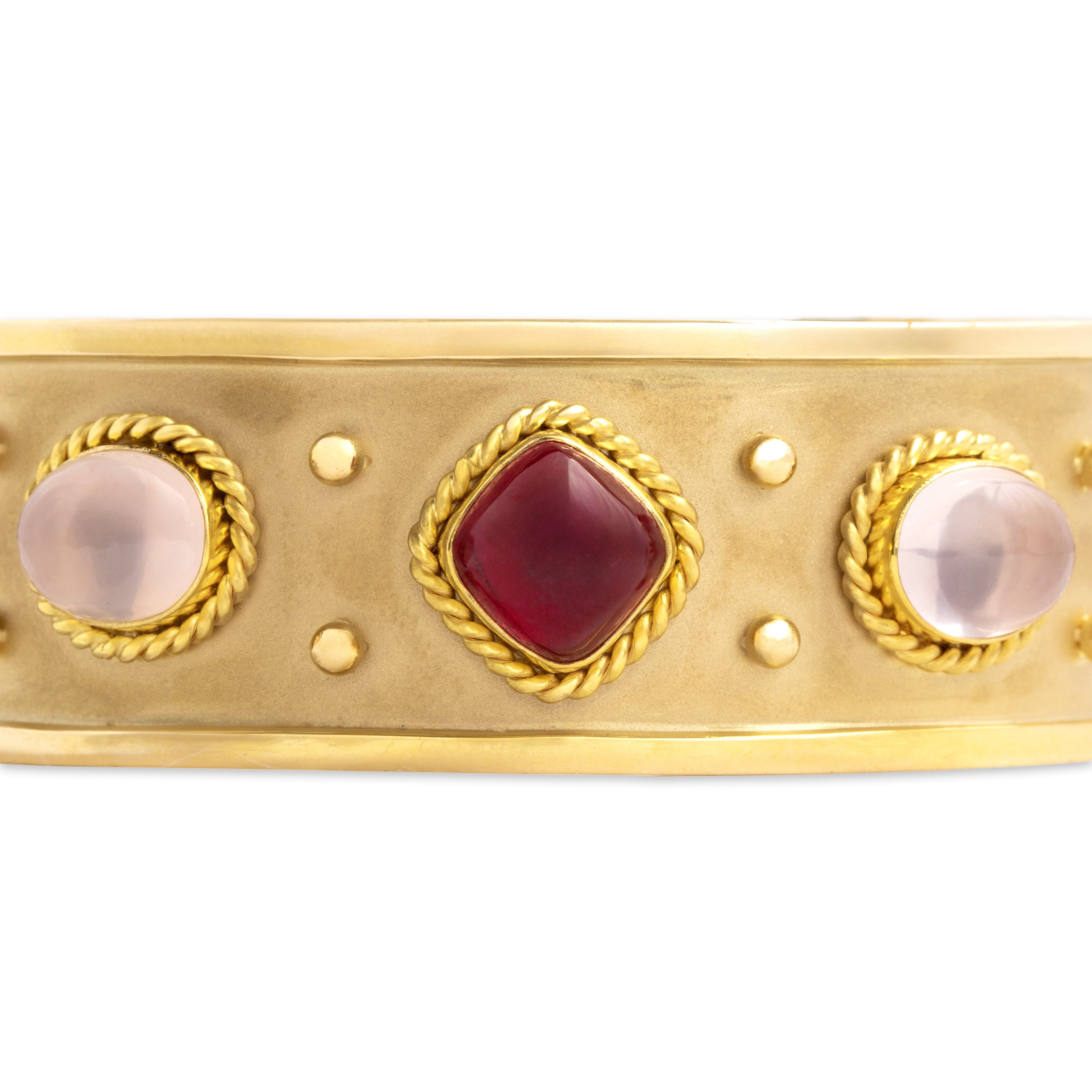 Vintage Heavy 14k Yellow Gold Pink Moonstone Pink Tourmaline Cuff Bracelet 7