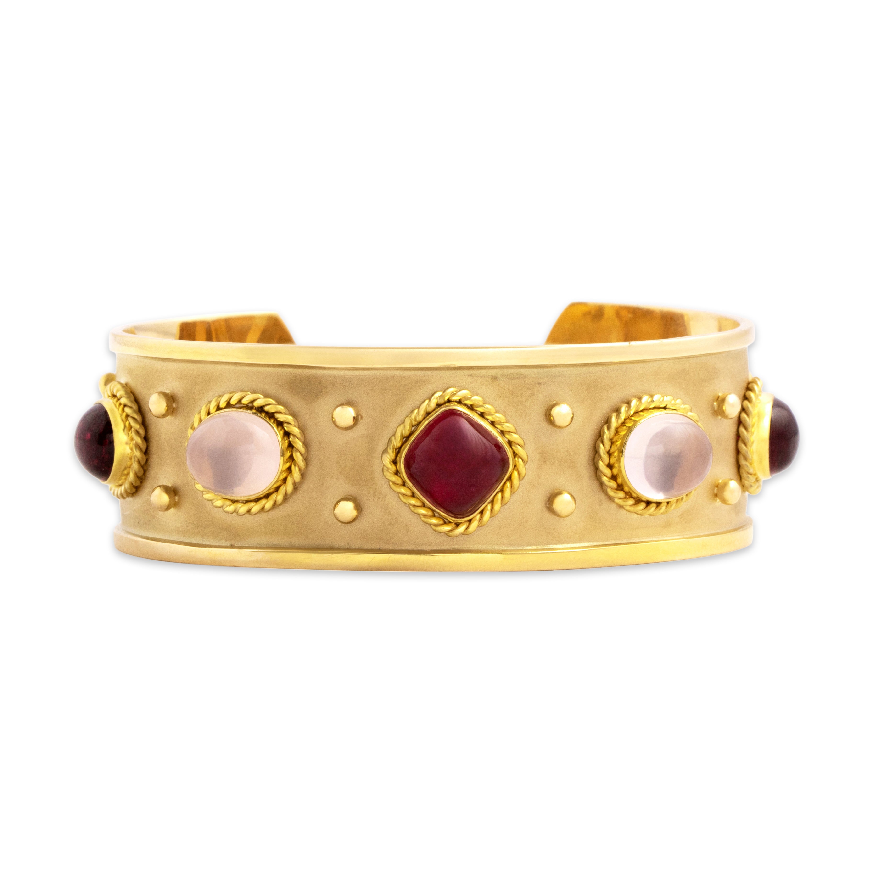 Vintage Heavy 14k Yellow Gold Pink Moonstone Pink Tourmaline Cuff Bracelet 7