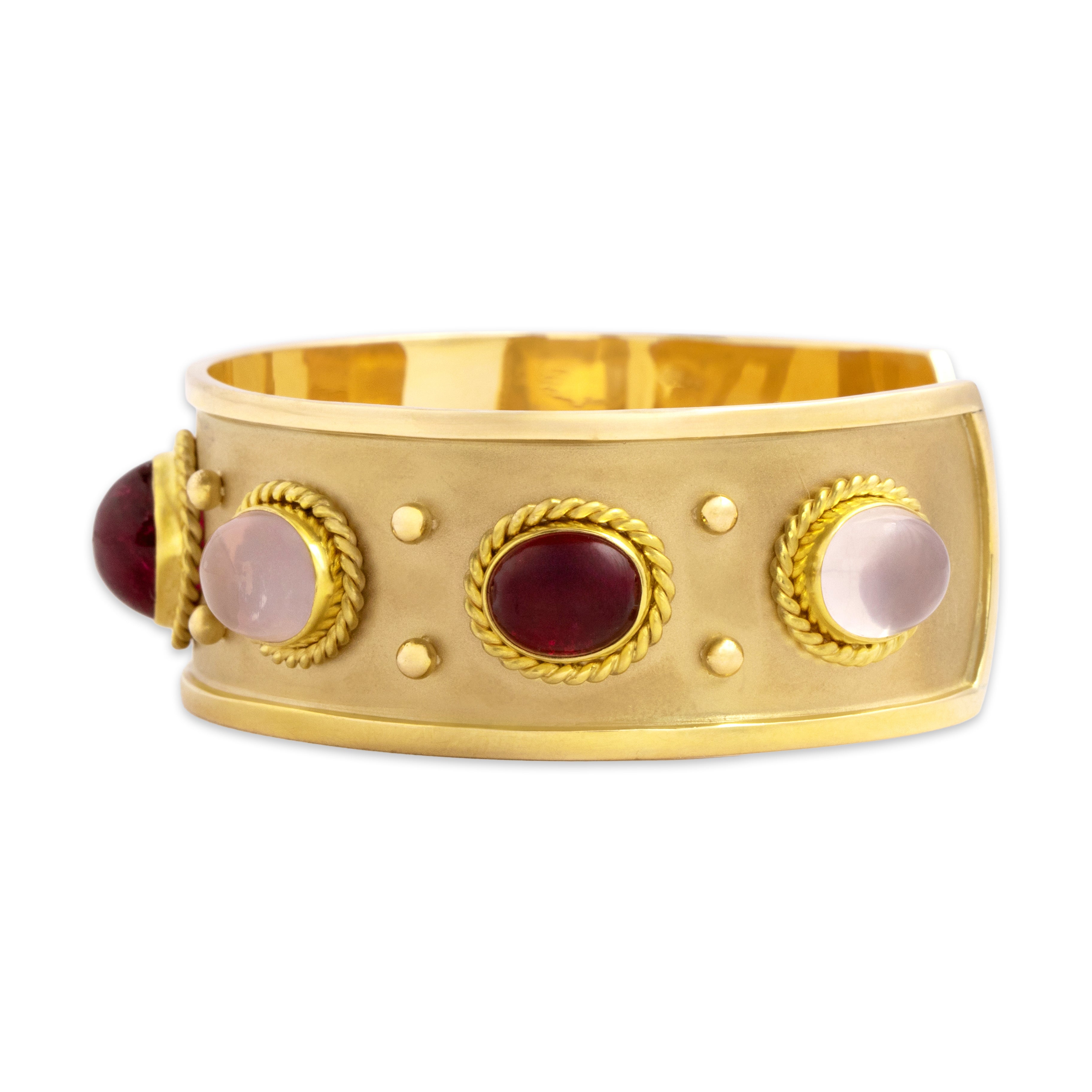 Vintage Heavy 14k Yellow Gold Pink Moonstone Pink Tourmaline Cuff Bracelet 7