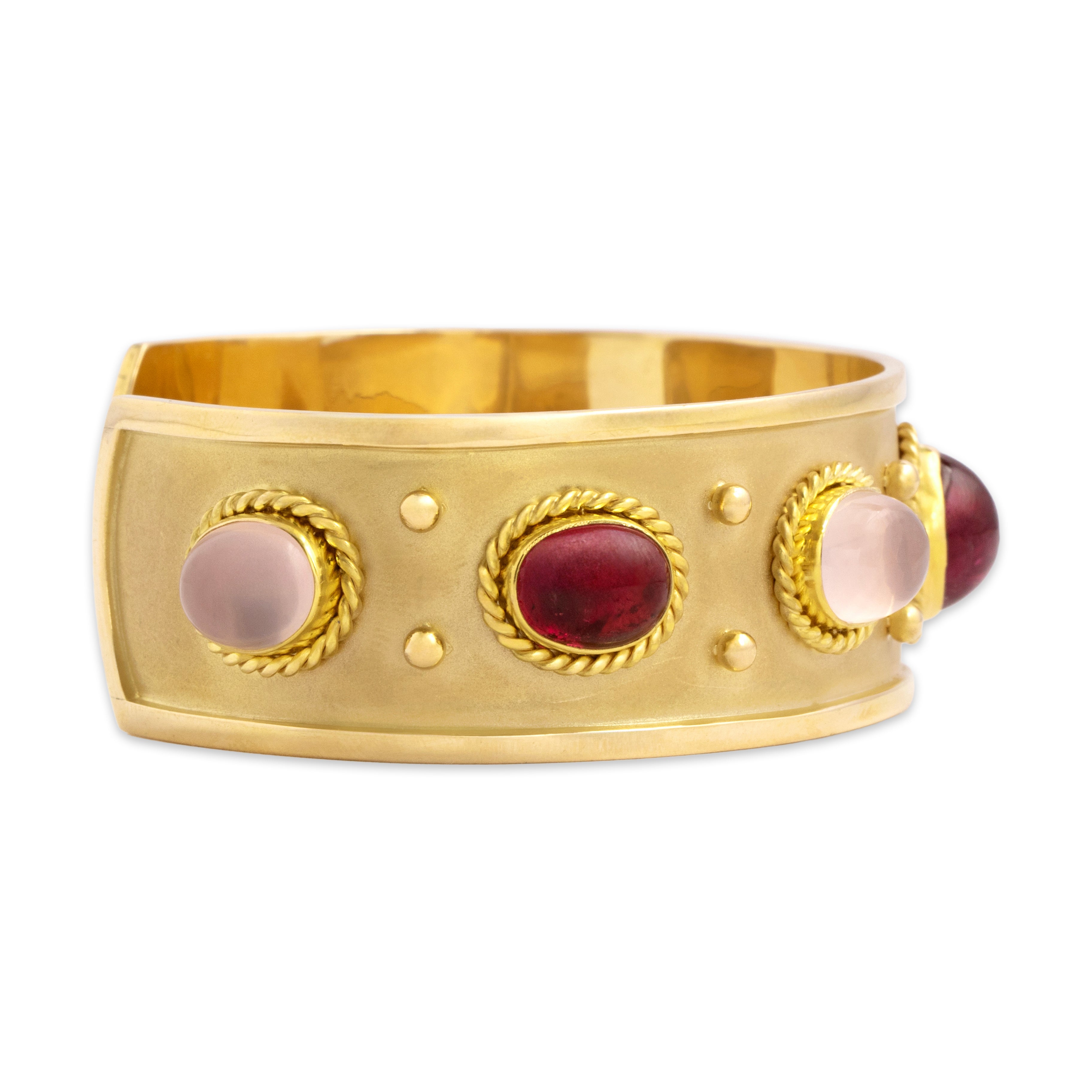 Vintage Heavy 14k Yellow Gold Pink Moonstone Pink Tourmaline Cuff Bracelet 7