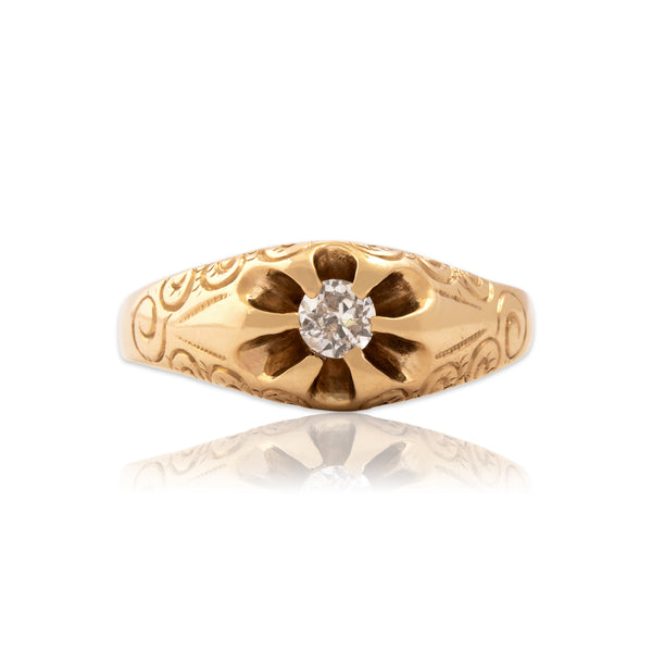 Antique 14k Yellow Gold Diamond Swirling Decorated Belcher-Set Ring 7.75