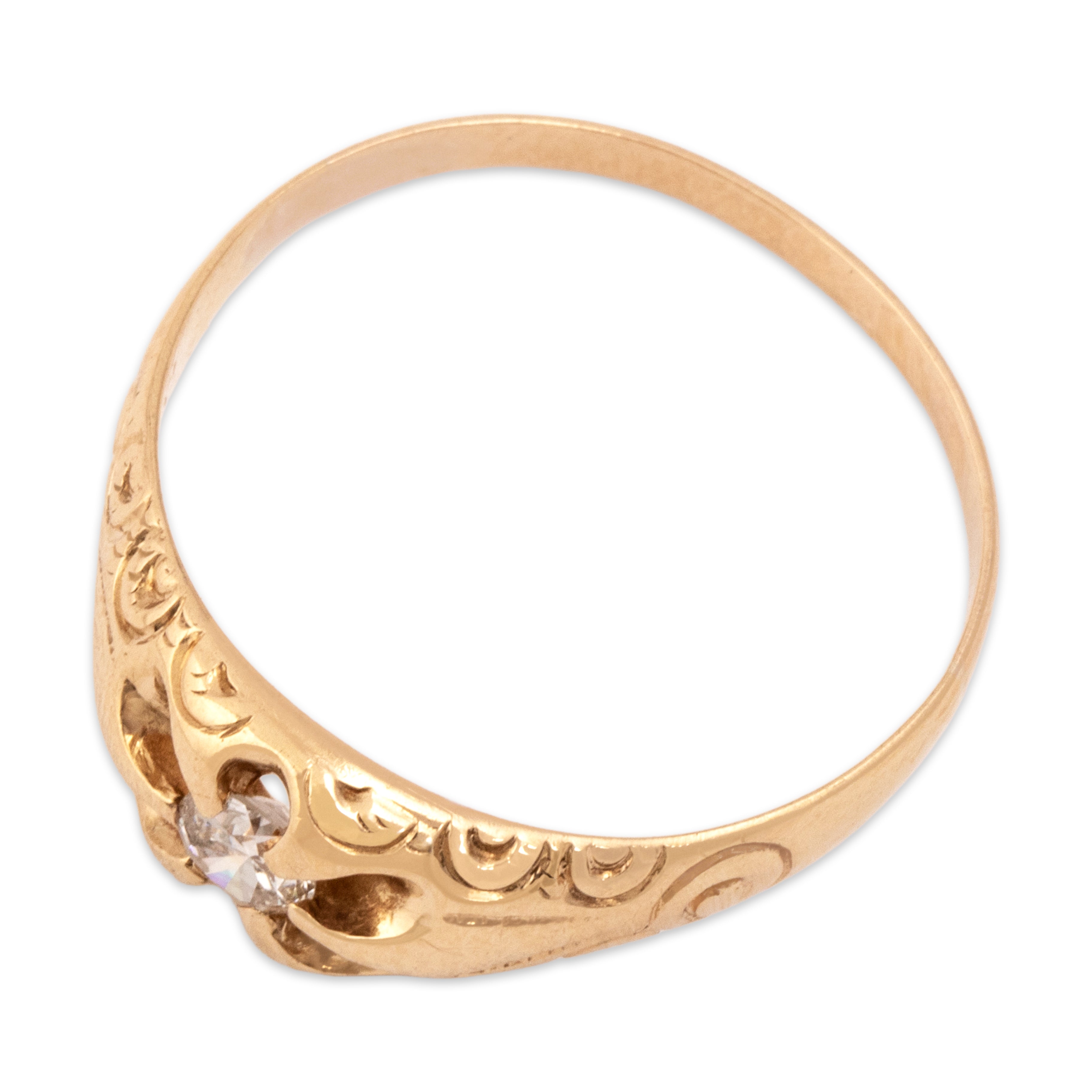 Antique 14k Yellow Gold Diamond Swirling Decorated Belcher-Set Ring - Overall view