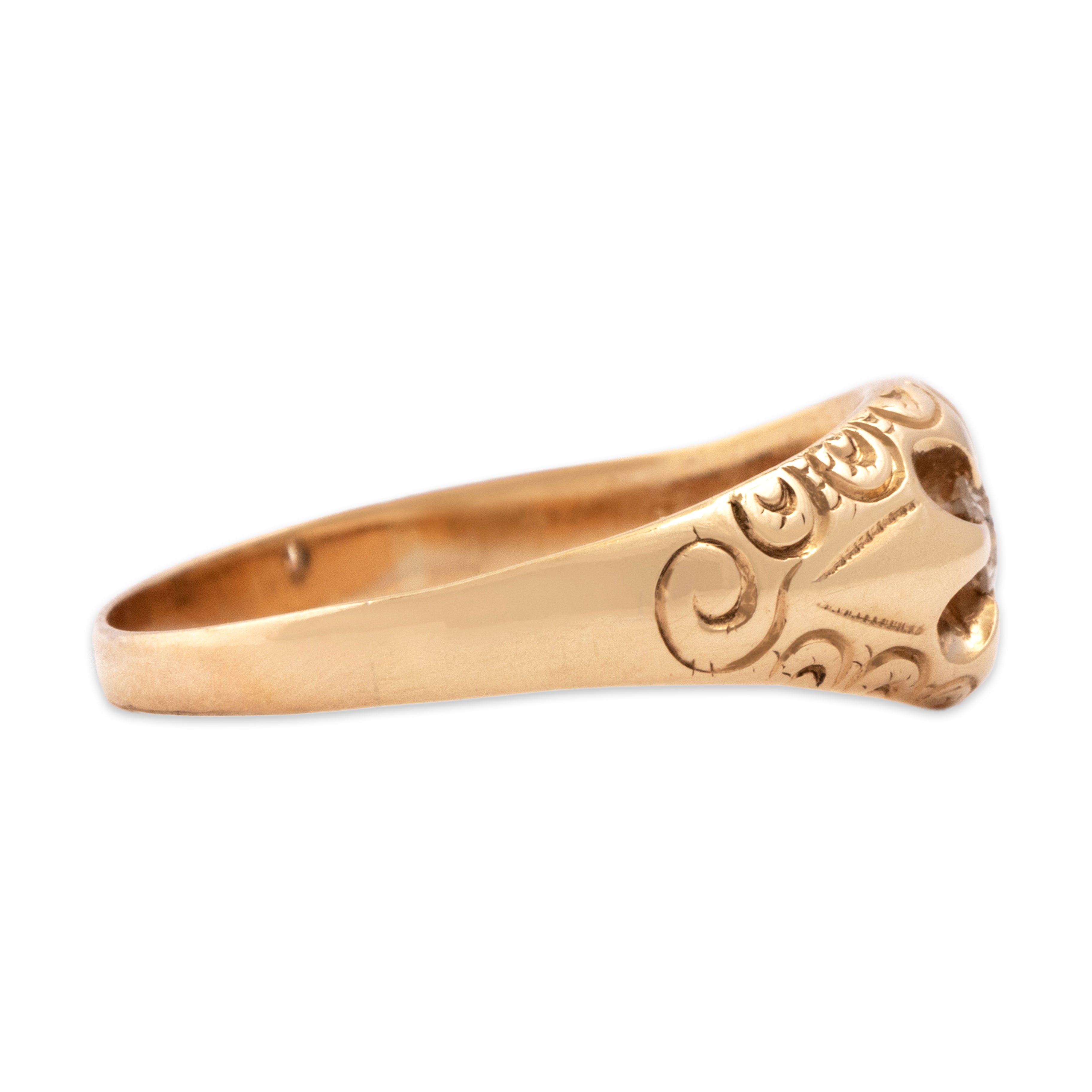 Antique 14k Yellow Gold Diamond Swirling Decorated Belcher-Set Ring - Side view