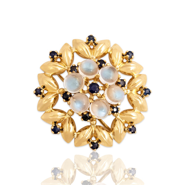 Vintage Large 14k Yellow Gold 5.03cttw Moonstone .79cttw Sapphire Floral Pin / Pendant