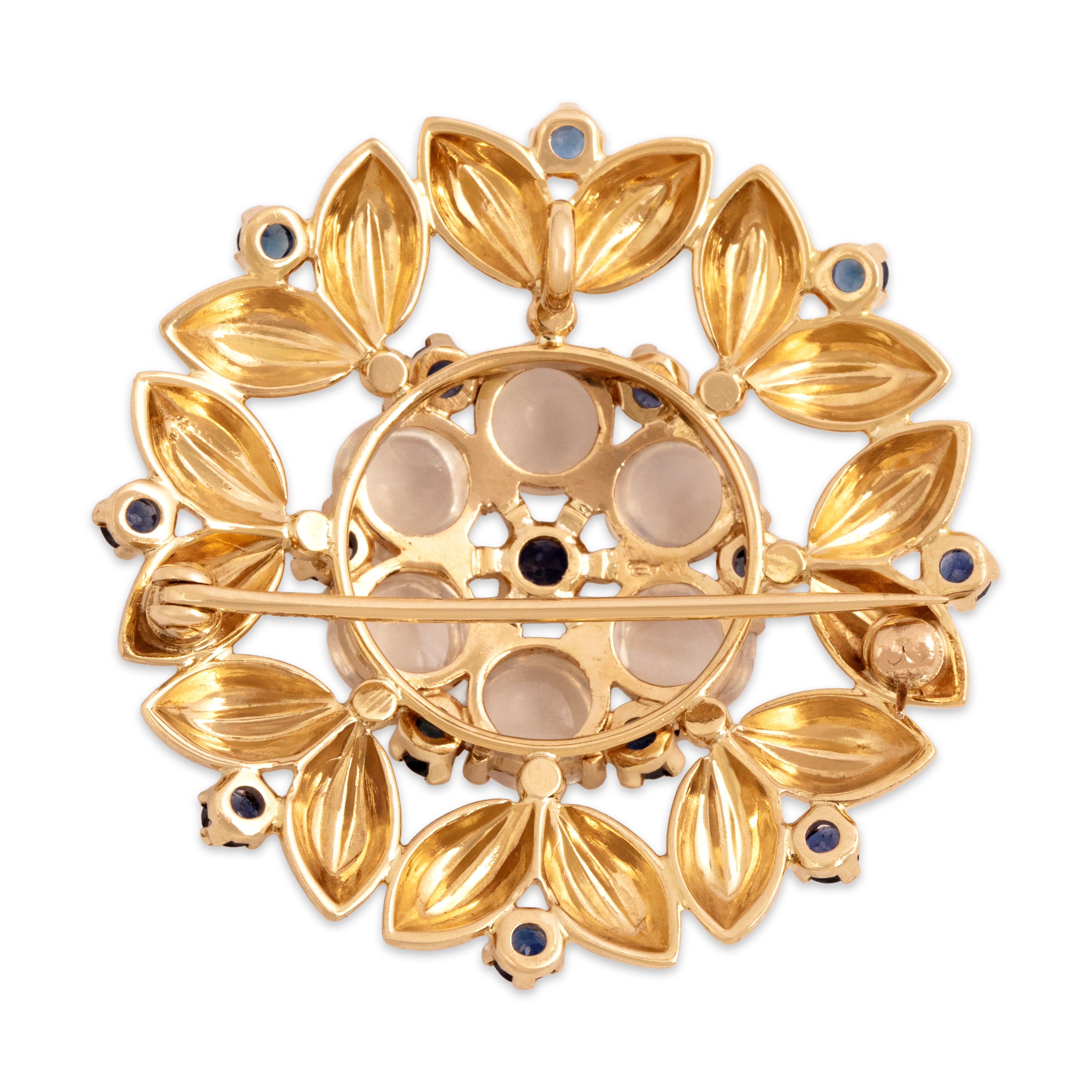 Vintage 14k Yellow Gold 5.03cttw Moonstone .79cttw Blue Sapphire Beautiful Glowing Floral Pin / Pendant - Back view