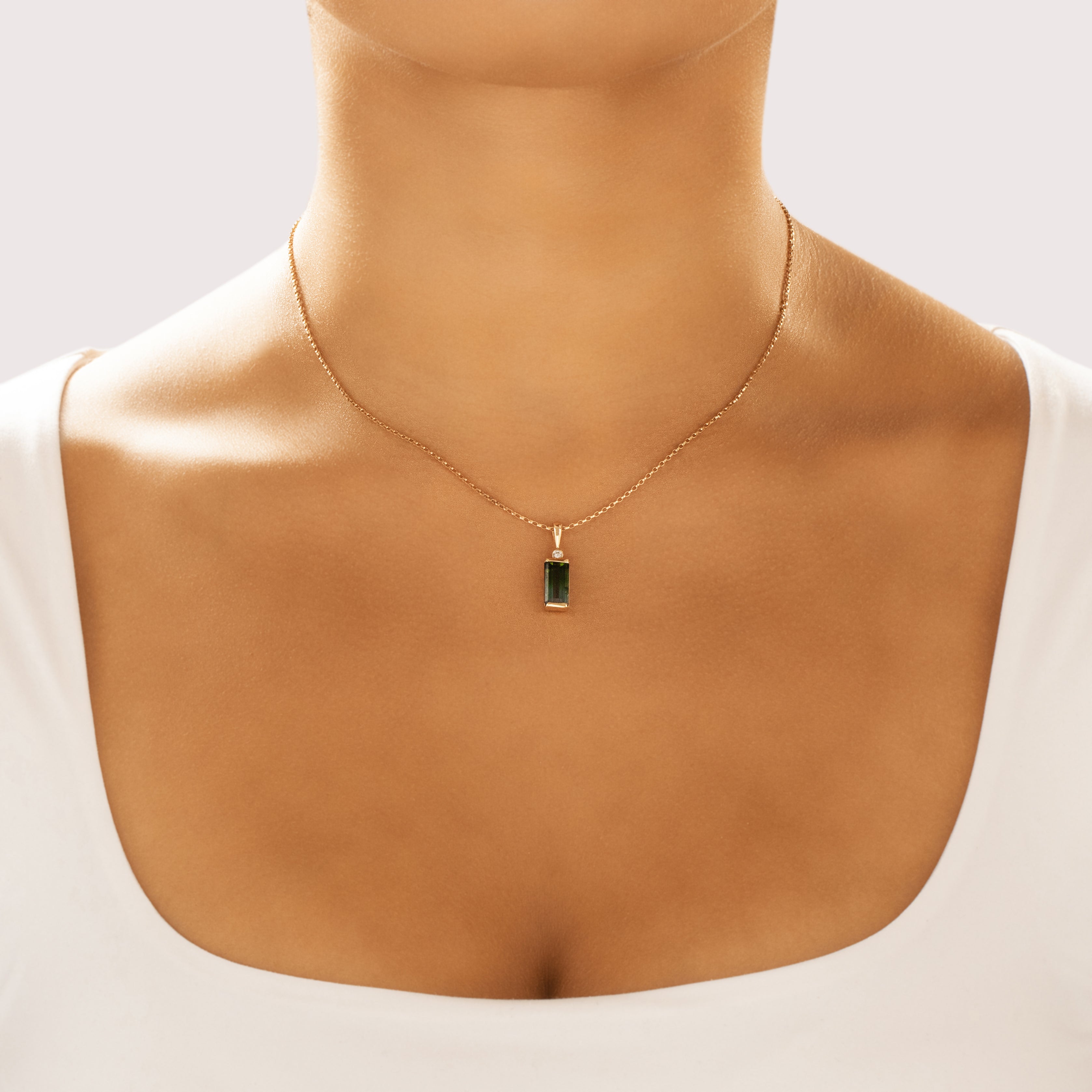 Vintage 14k Yellow Gold 2.33ct Blue-Green Tourmaline Diamond Elegant Elongated Duo Pendant - On model view