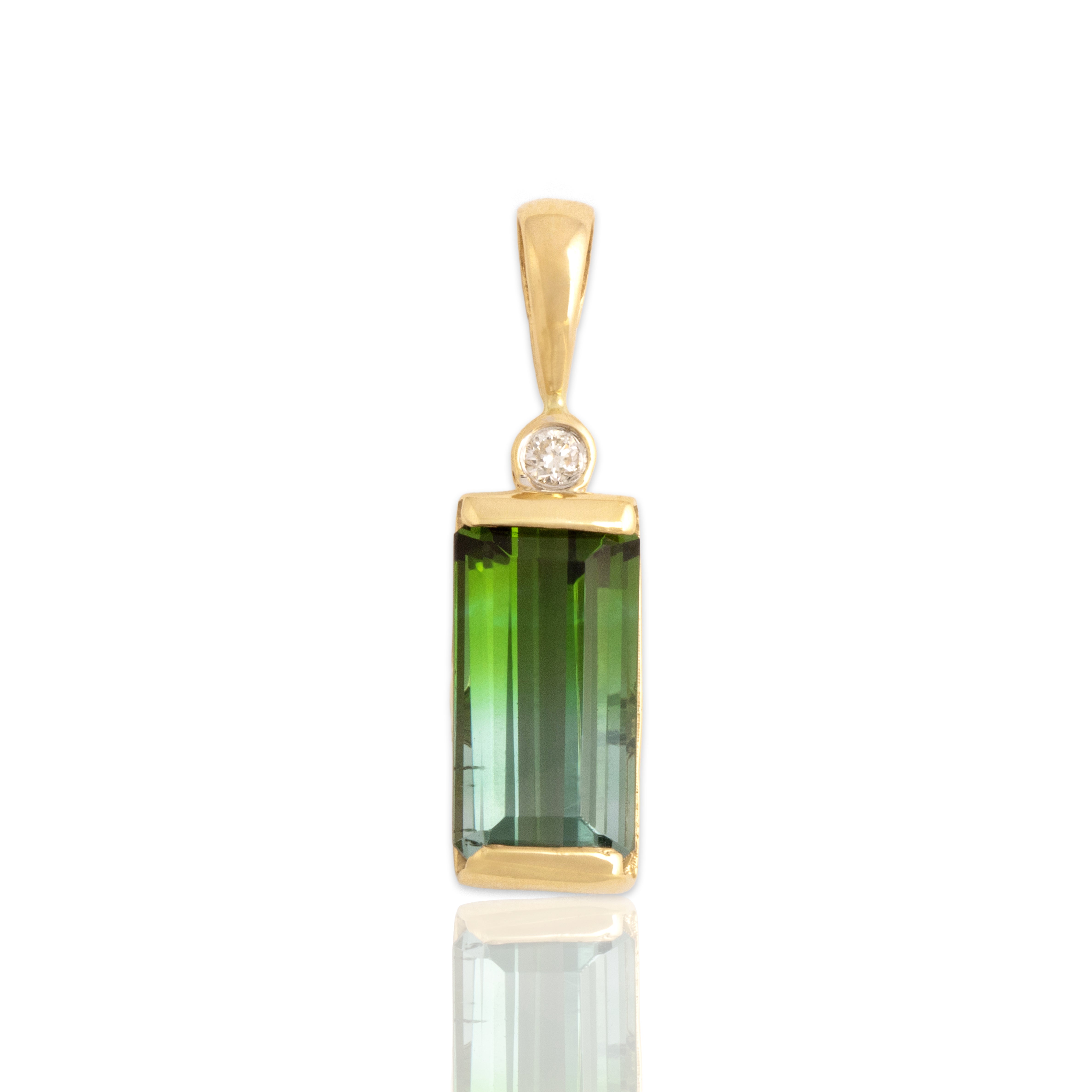 Vintage 14k Yellow Gold 2.33ct Blue-Green Tourmaline Diamond Elegant Elongated Duo Pendant - Close-up view