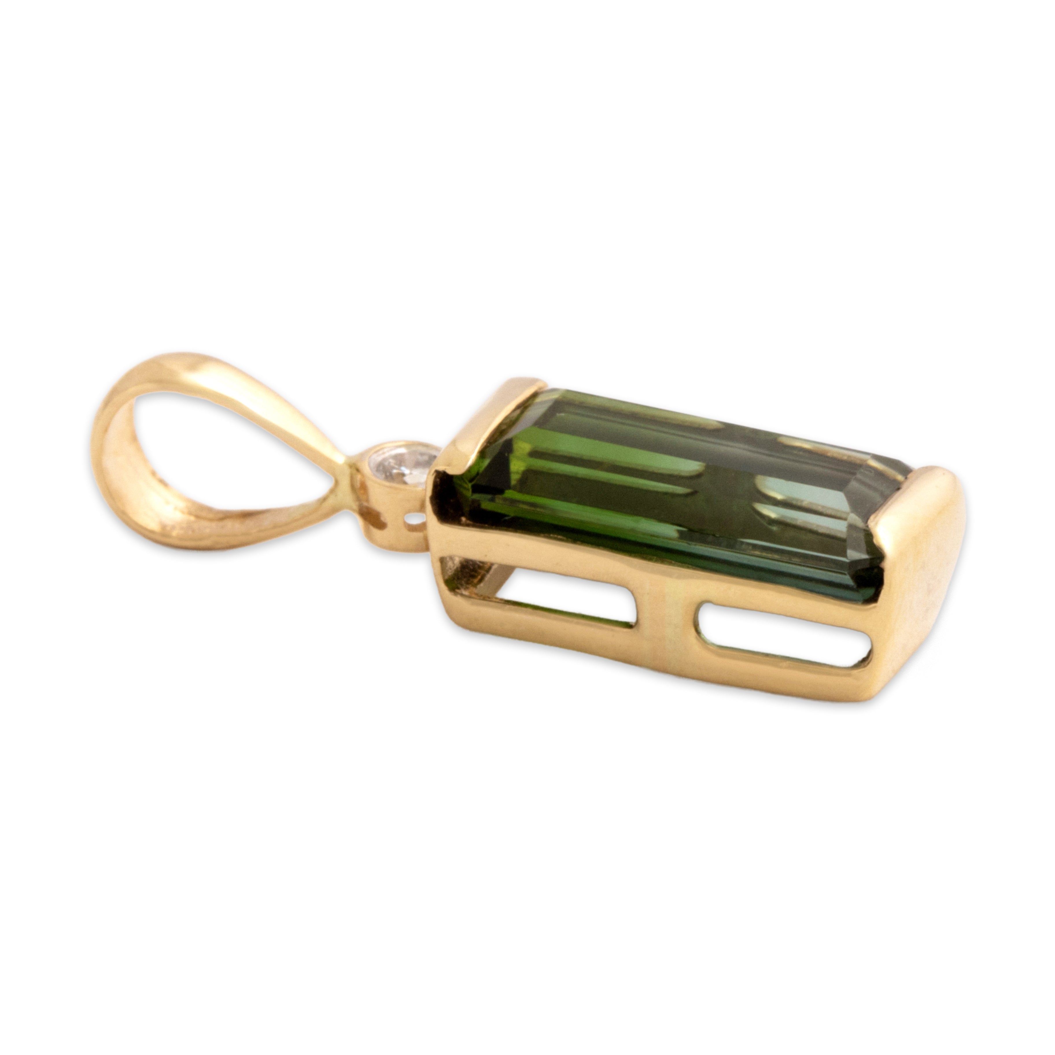 Vintage 14k Yellow Gold 2.33ct Blue-Green Tourmaline Diamond Elegant Elongated Duo Pendant - Side view