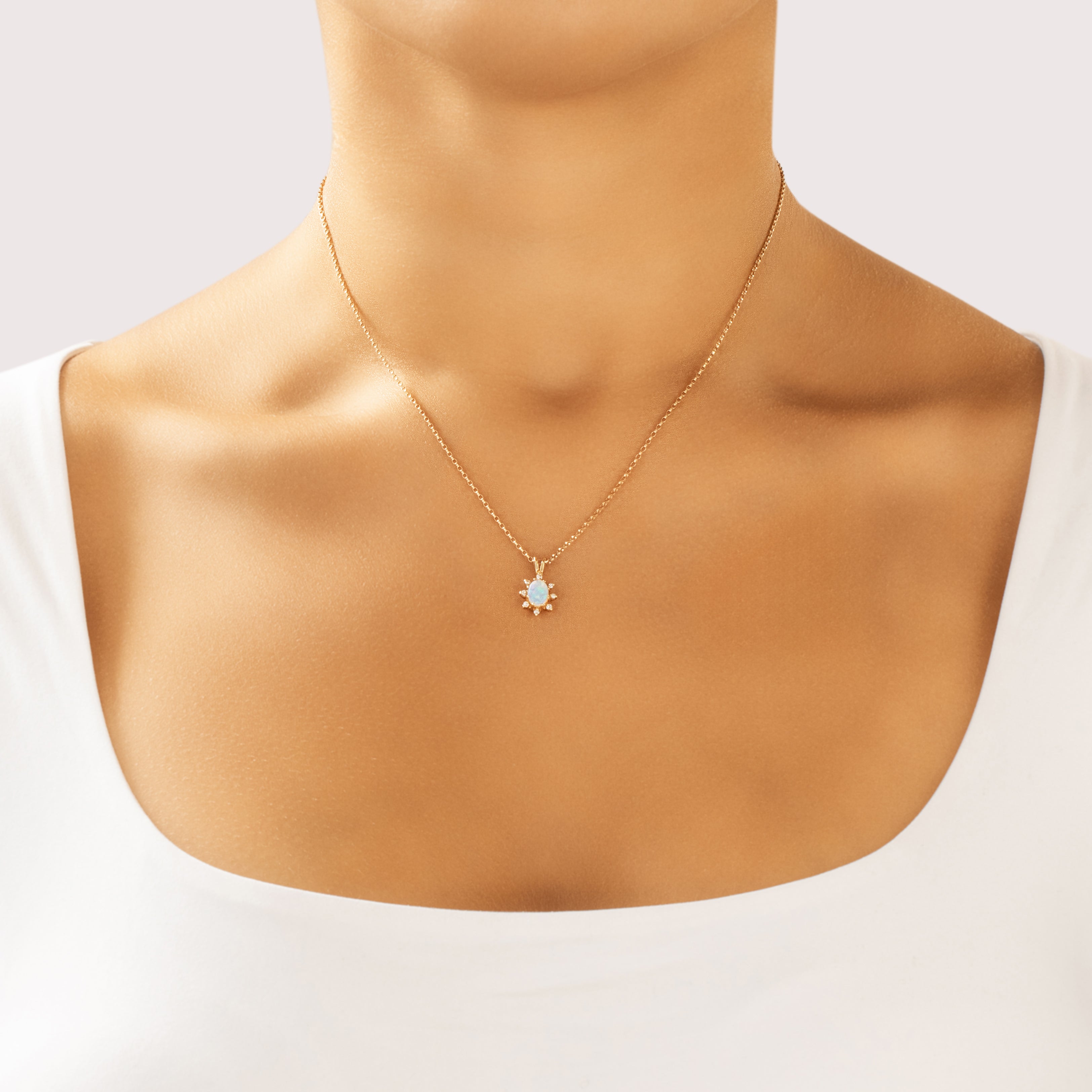 Vintage 14k Yellow Gold Opal Diamond Rainbow Glowing Star Halo Pendant - On model view