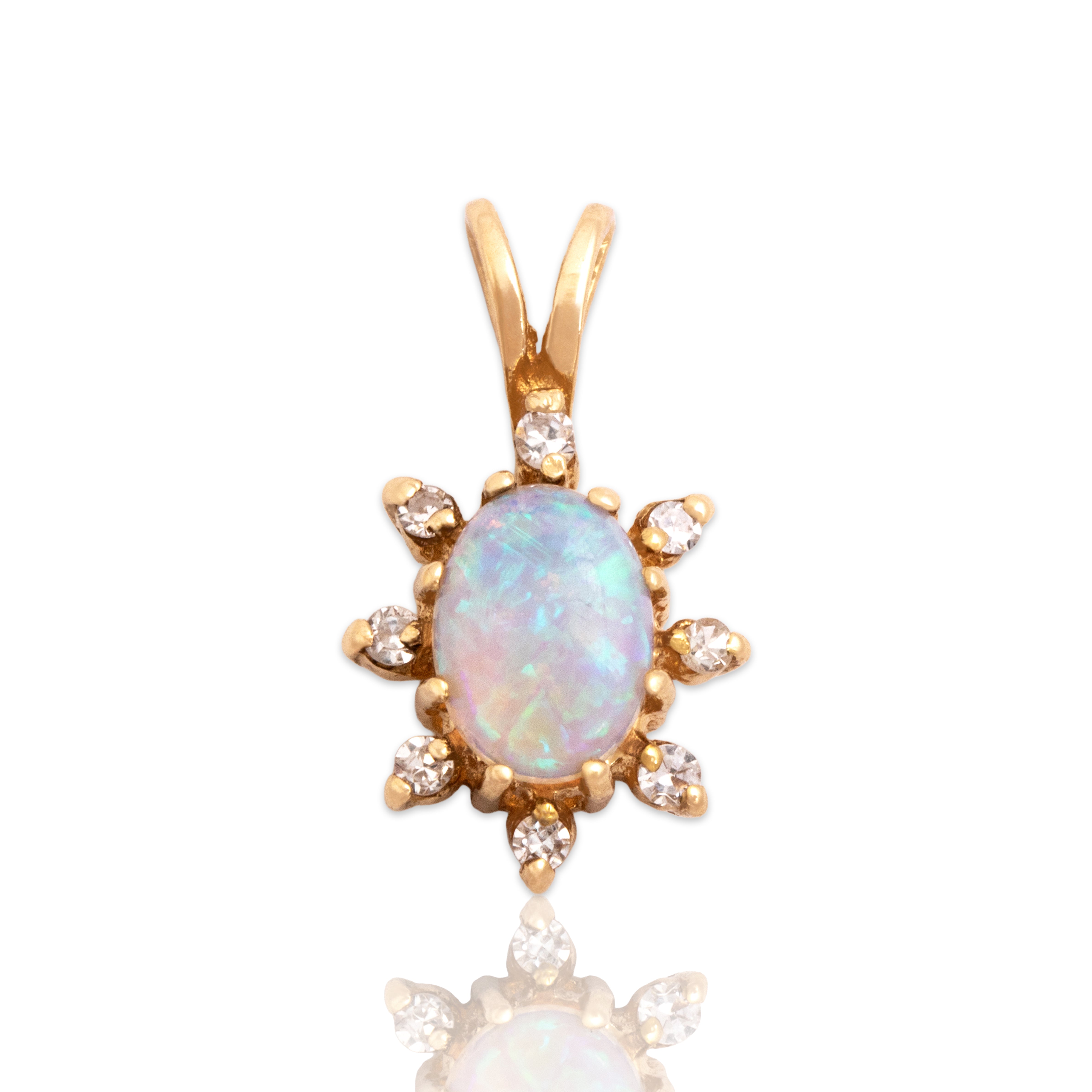 Vintage 14k Yellow Gold Opal Diamond Rainbow Glowing Star Halo Pendant - Close-up view